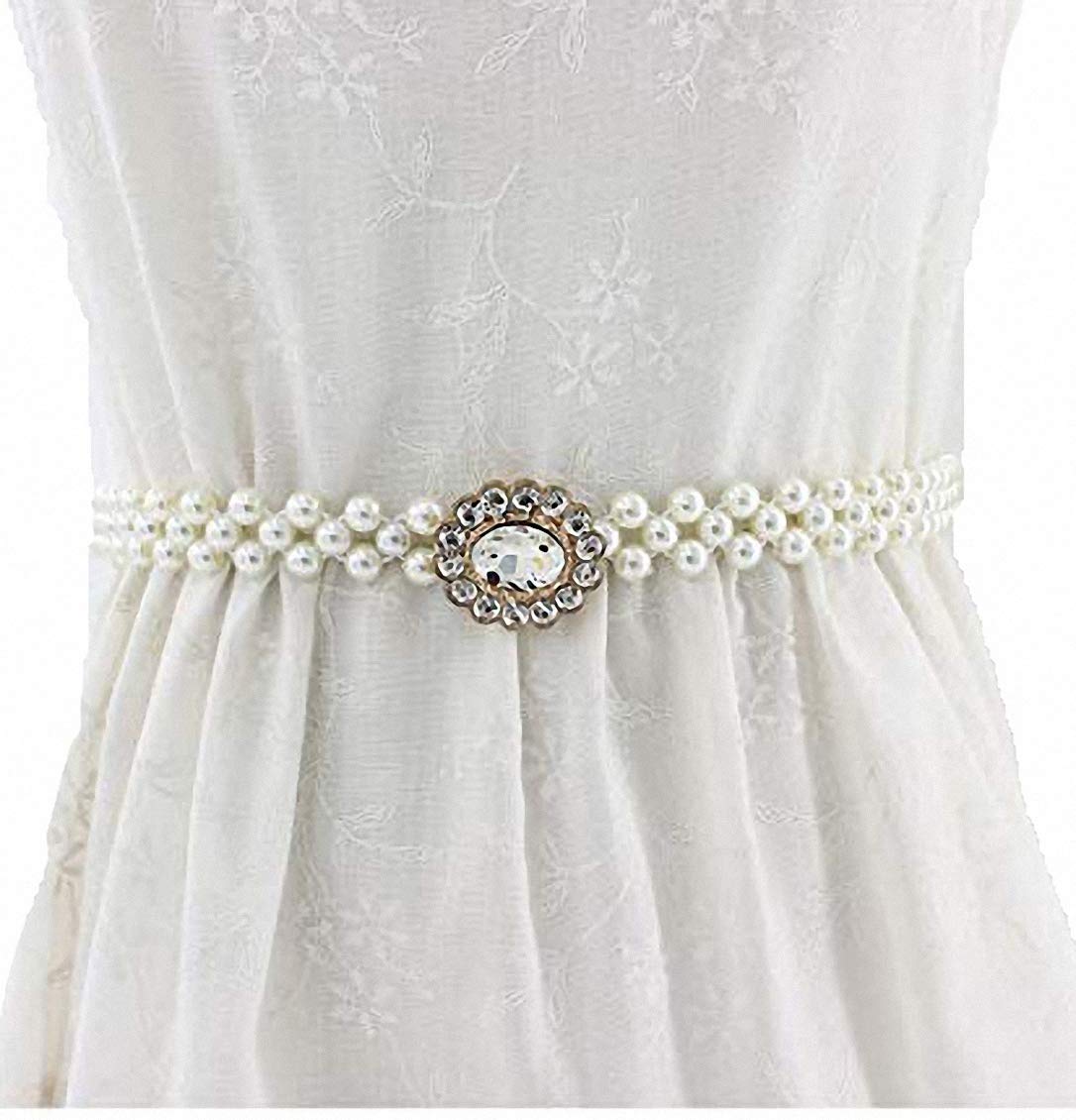 Ulalaza Women's 10010/El95-3 Stretch Pearl Belt,Rhinestones Interlocking Buckle Dress Elastic Waist Belts For Party Dress And Wedding Dresses Sash