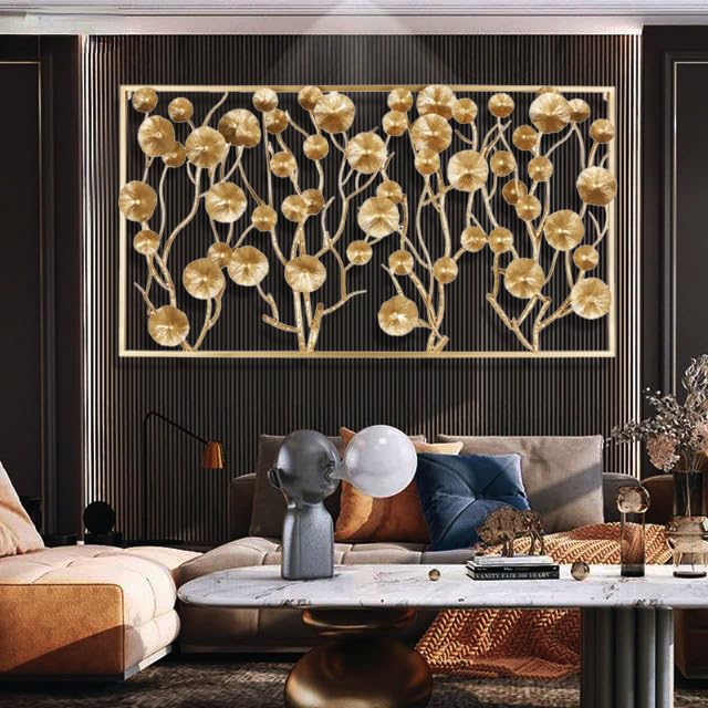 Image of ZOVE Luxury Golden Metal Wall Art for Living Room | Modern Floral Leaf Design Decorative Wall Hanging | Premium Wall Decor for Home, Bedroom, Hall, Office | Gold Finish, Large Size : 44 x 22 Inch