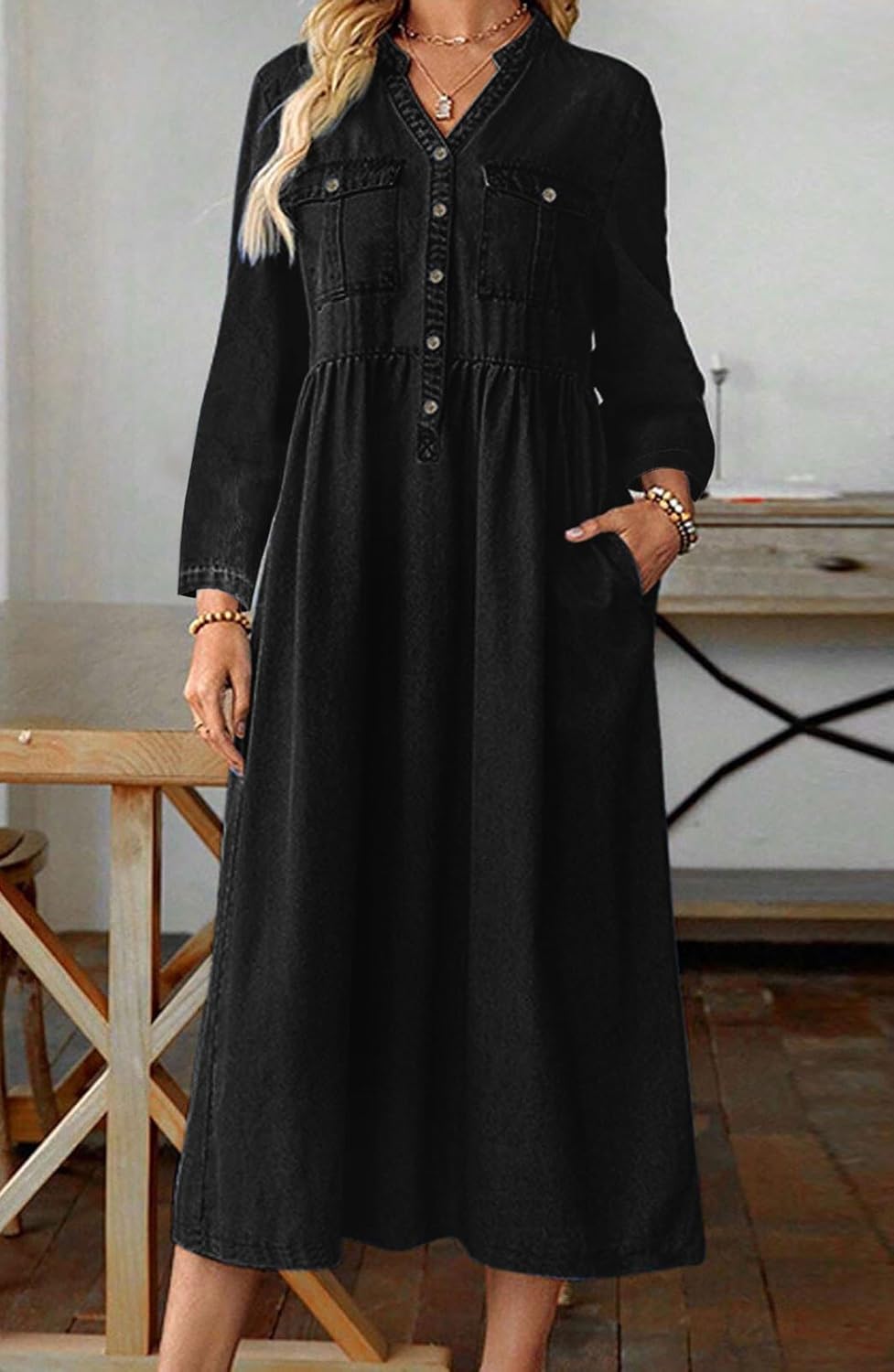loveimgs Women Casual Button Down High Waist Midi Denim Dress V Neck Pleated Shirt Jean Dress A Line Long Sleeves Pockets - Image 2