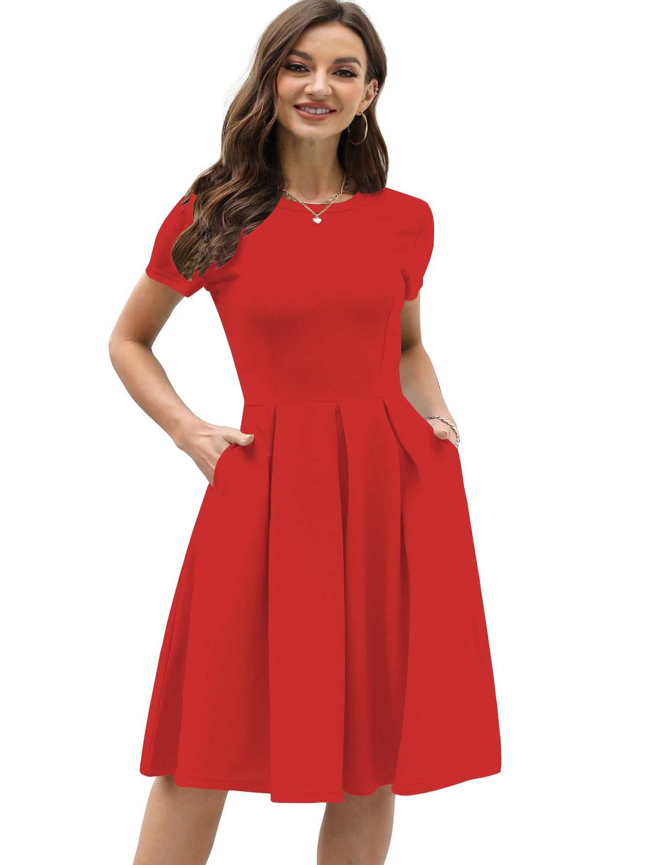 Shasmi Girl's & Women's Solid Red Color Solid Slant Pocket Fold Pleated, Women Cocktail Party Vintage Style With Pockets Big Swing Simple Retro Dress (Dress 166 Red-M)