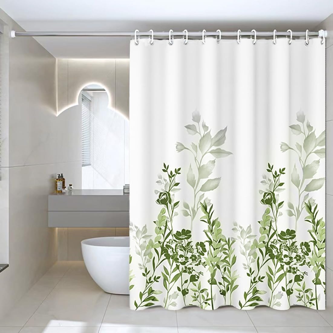 Tennove Shower Curtain Mould Resistant Green Plants 200x200cm Drop Bathroom Curtain Waterproof Polyester Fabric Wet Room Bathtub Shower Curtain,Weighted Hem,Quick Dry