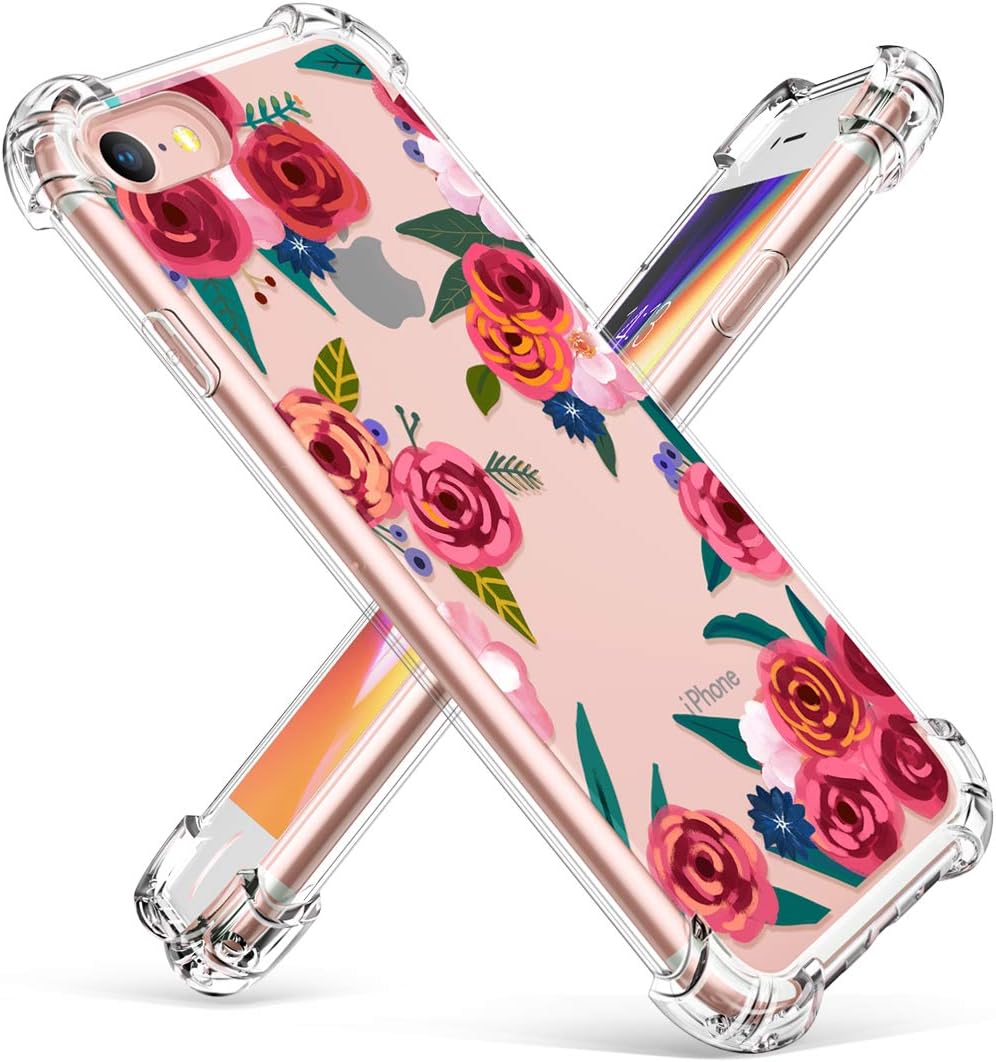 GVIEWIN Clear Flower Designed for iPhone 8 Case/iPhone 7 Case, Soft TPU Silicone Ultra-Thin Slim Fit Transparent Flowers Flexible Cover Perfect Grip for iPhone 7, iPhone 8 (Rose Blossom/Red)