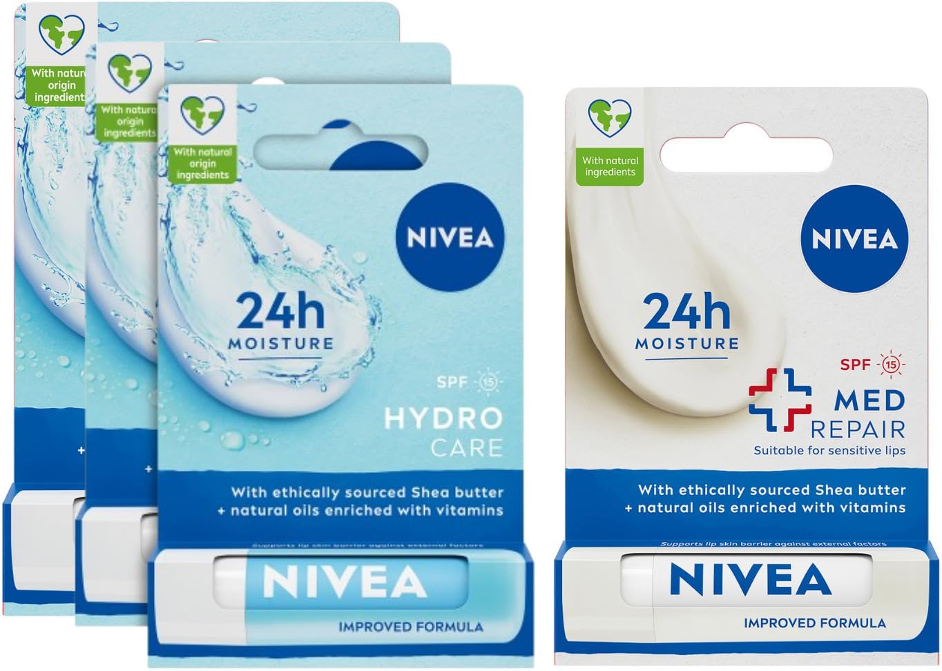 NIVEA Med Repair Dudak Bakım Kremi, 24 Saat Nem,Doğal Yağlar,SPF 15 (4,8 ml) + NIVEA Hydro Care Dudak Bakım Kremi, 24 Saat Nem, Aloe Vera, Saf Su ve Doğal Yağlar, SPF 15 (4,8g) X3