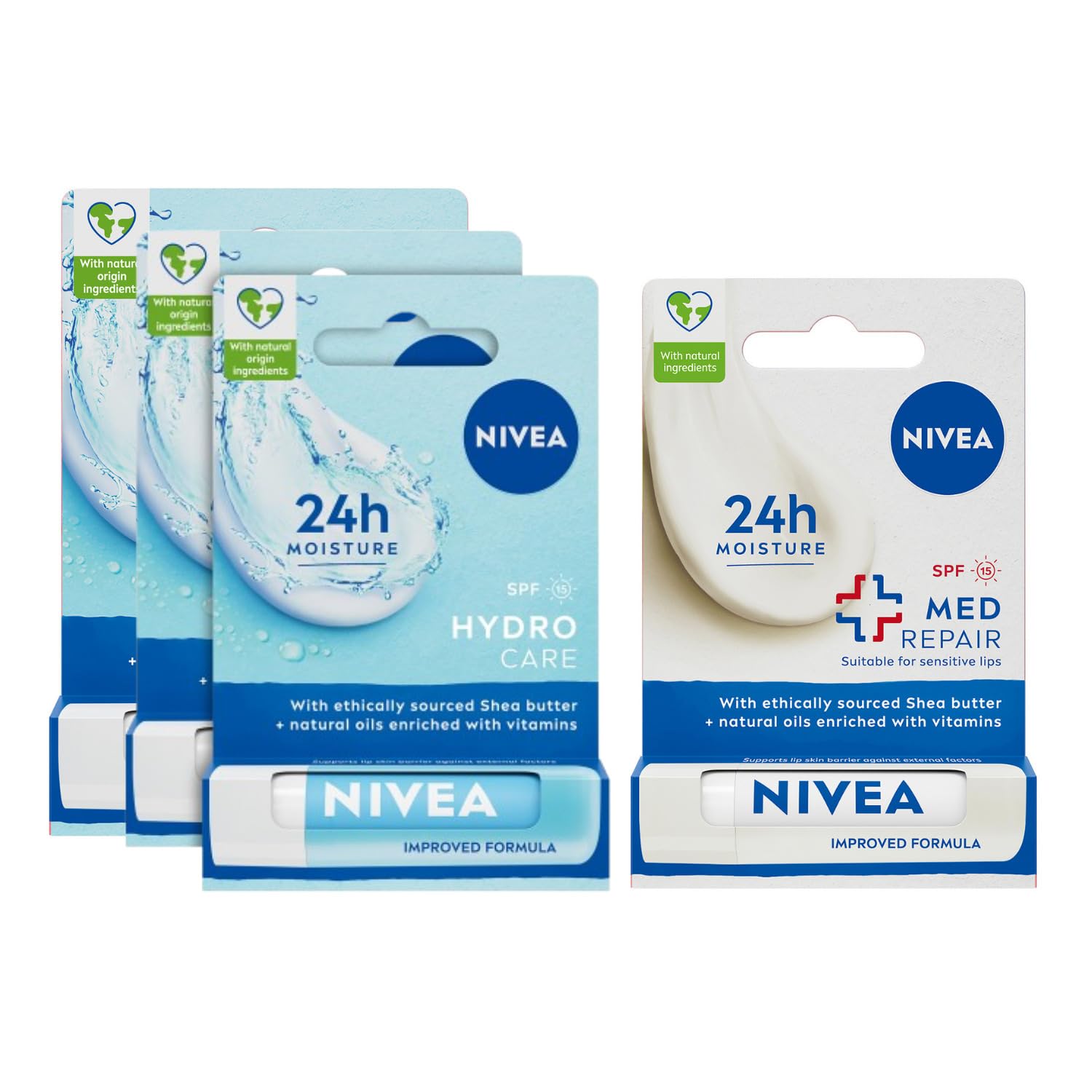 NIVEA Med Repair Dudak Bakım Kremi, 24 Saat Nem,Doğal Yağlar,SPF 15 (4,8 ml) + NIVEA Hydro Care Dudak Bakım Kremi, 24 Saat Nem, Aloe Vera, Saf Su ve Doğal Yağlar, SPF 15 (4,8g) X3