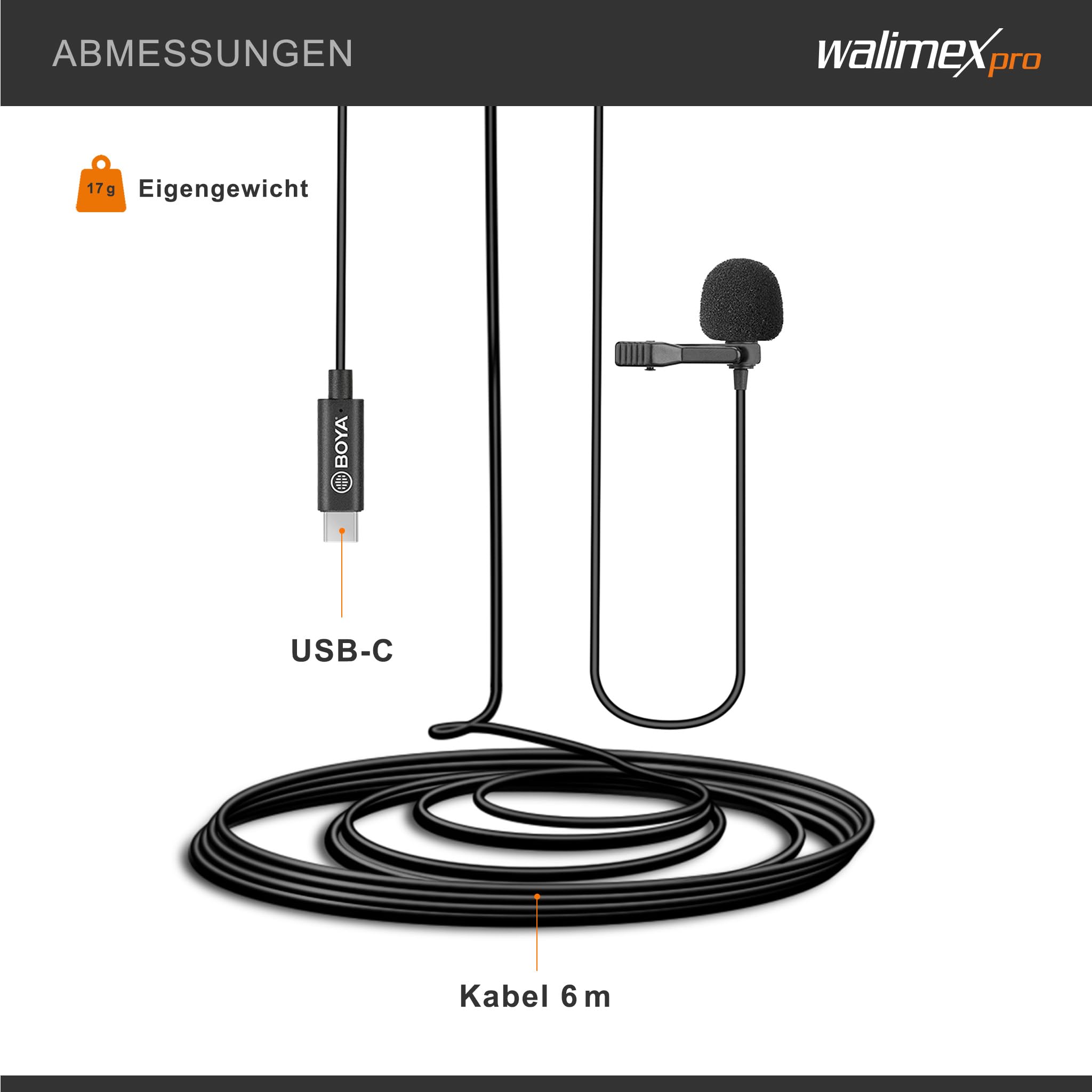 Walimex pro Boya M3 mikrofon wtykowy typu USB-C – mały, wydajny mikrofon lawalierski 50 Hz – 20 kHz do smartfonów, tabletów, komputerów PC ze złączem USB-C, do wywiadów, vlogowania, moderowania