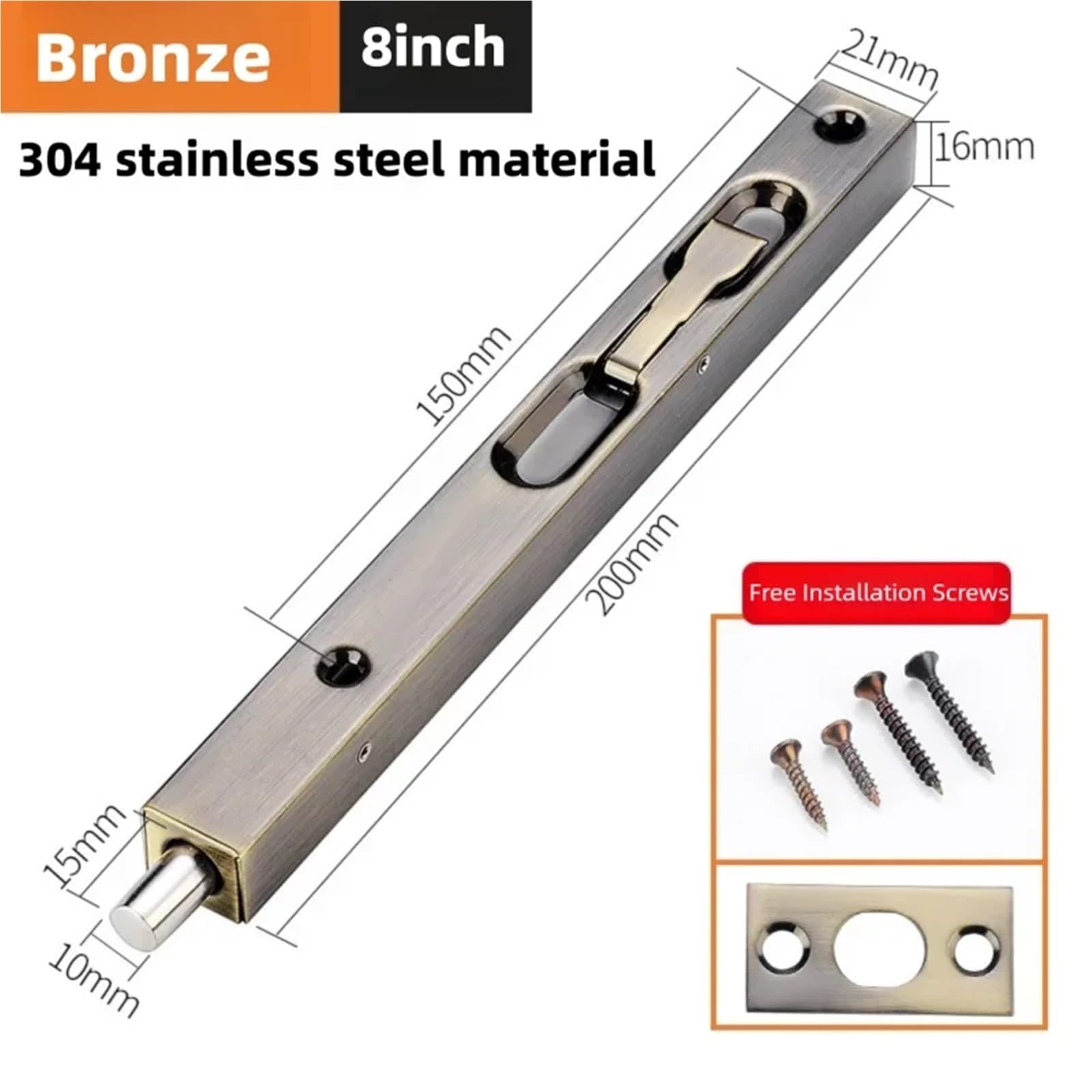 4 chiavistelli per porta in acciaio inox 304, serratura verticale nascosta, per legno, principale, sicurezza e doppio (bronzo, 20,3 cm)