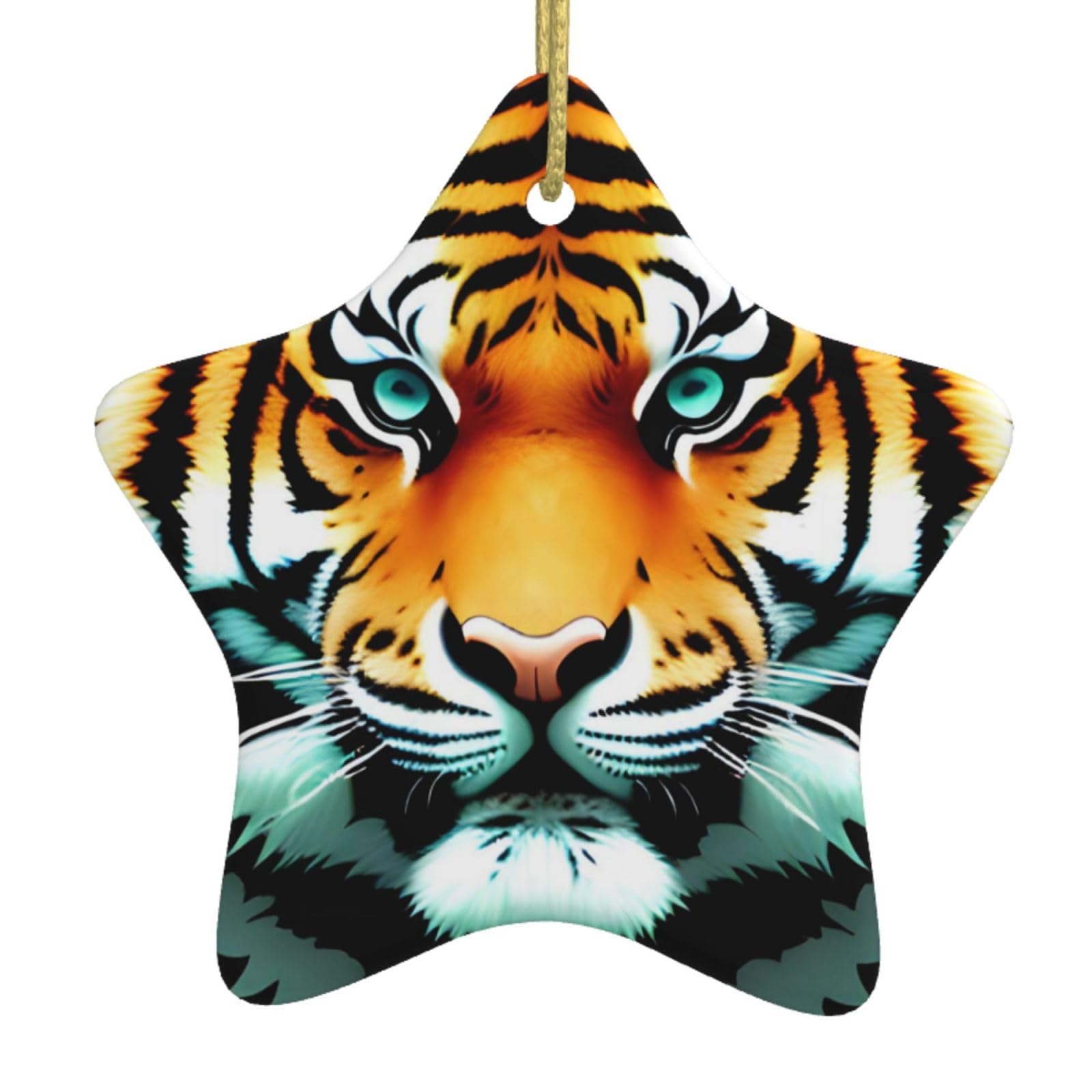 Little Fat Tiger Head Christmas Ceramic Star Pendant with Punched Holes and Gold Wire Rope, Christmas Tree Home Decoration