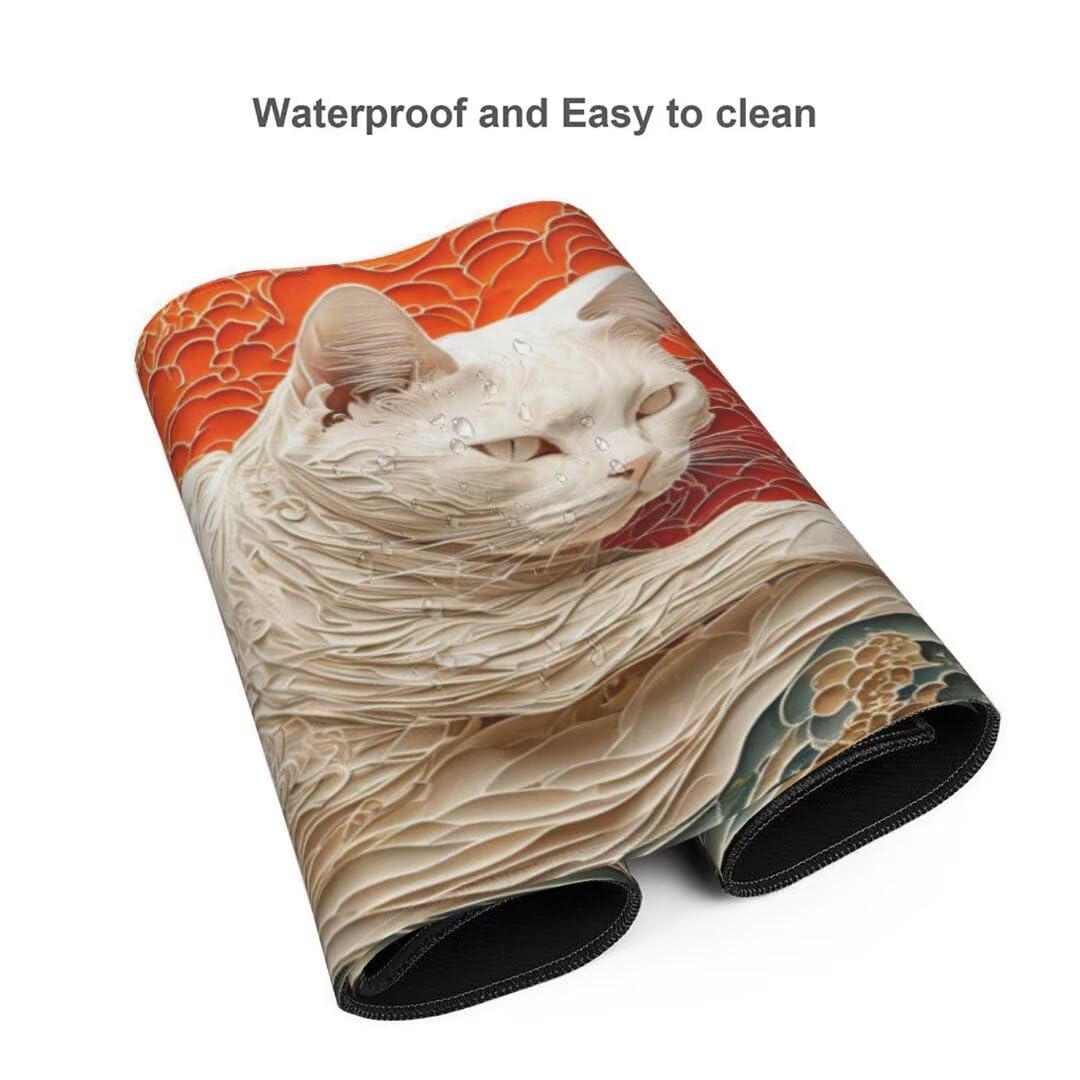 Alfombrilla de ratón 1400x600x3 MM, Alfombrilla Ratón XXL Extendida de Gran Tamaño con Bordes Cosidos, Base de Goma Antideslizante Almohadilla para Teclado, Gatos japoneses S-10595