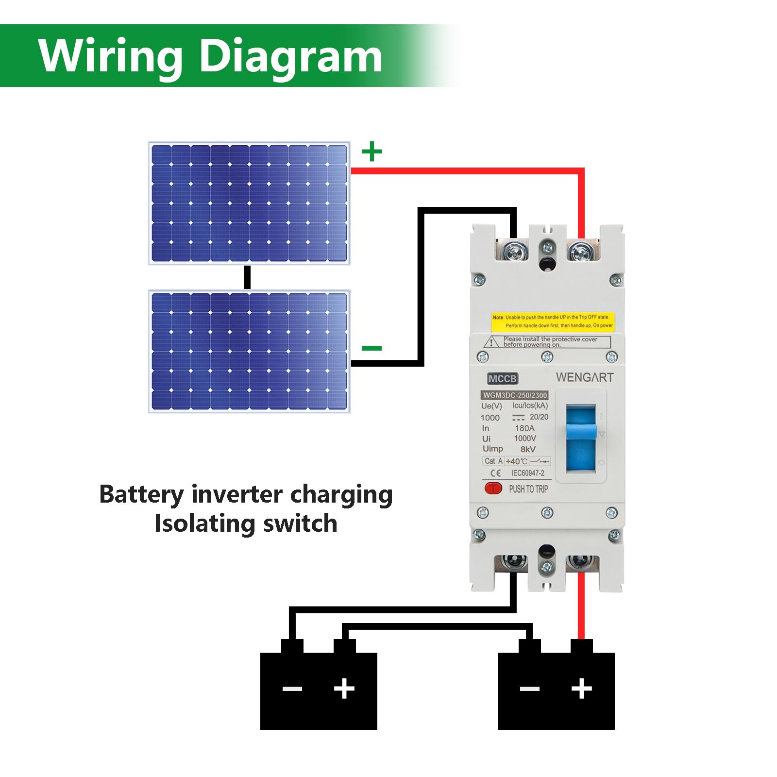 Wengart Disyuntor de Caja Moldeada (MCCB) CC 180A 1000V, 2 Polos, Interruptor Magnetotérmico de Alta Potencia para Almacenamiento de Baterías, Centros de Datos y Equipos de Comunicación