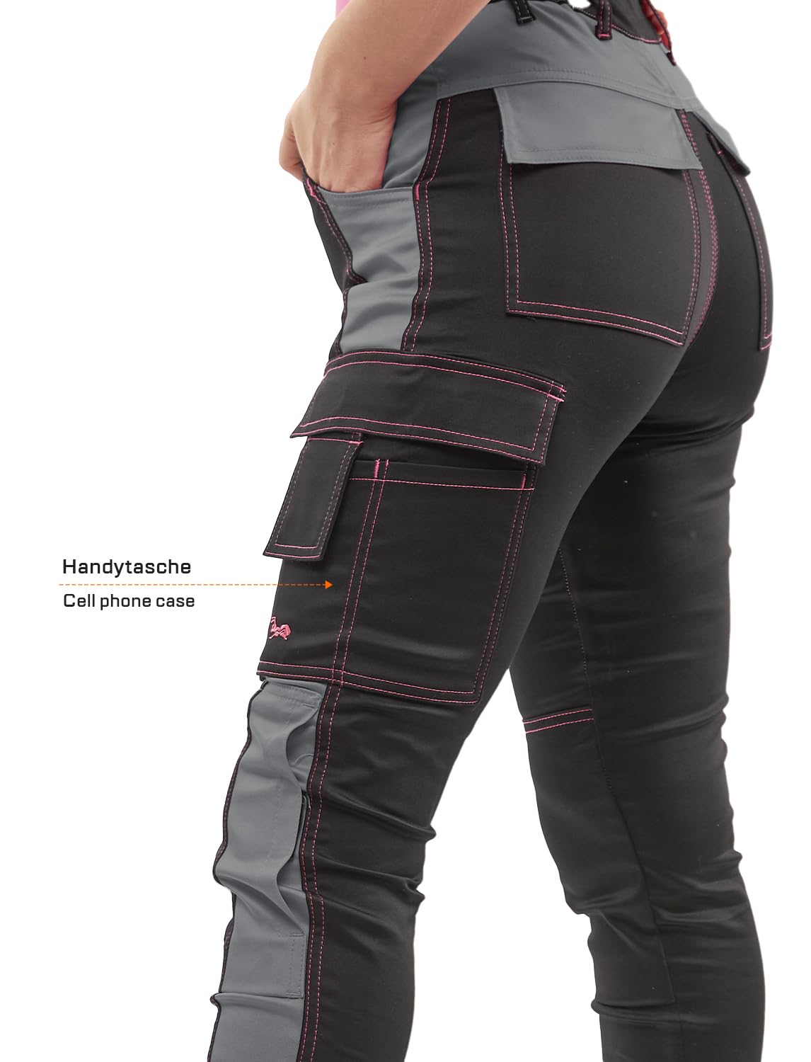 strongAnt® - Pantaloni Elastici da Lavoro Donna Grigio Nero - Pantaloni Magazzino Giardiniere, Tasca per Ginocchiere, Cerniera Lampo e Bottone in Metallo - Fatto nell'UE