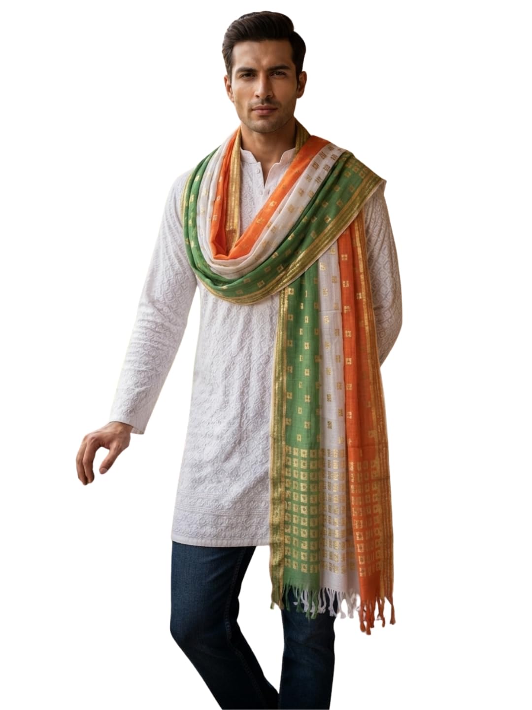 Men's Polyester Tricolour Woven Dupatta | Ethnic Motif Tasselled Patriotic Stole | Lightweight Ethnic Dupatta for Independence Day, Republic Day and Cultural Events (Design 10)-image-41