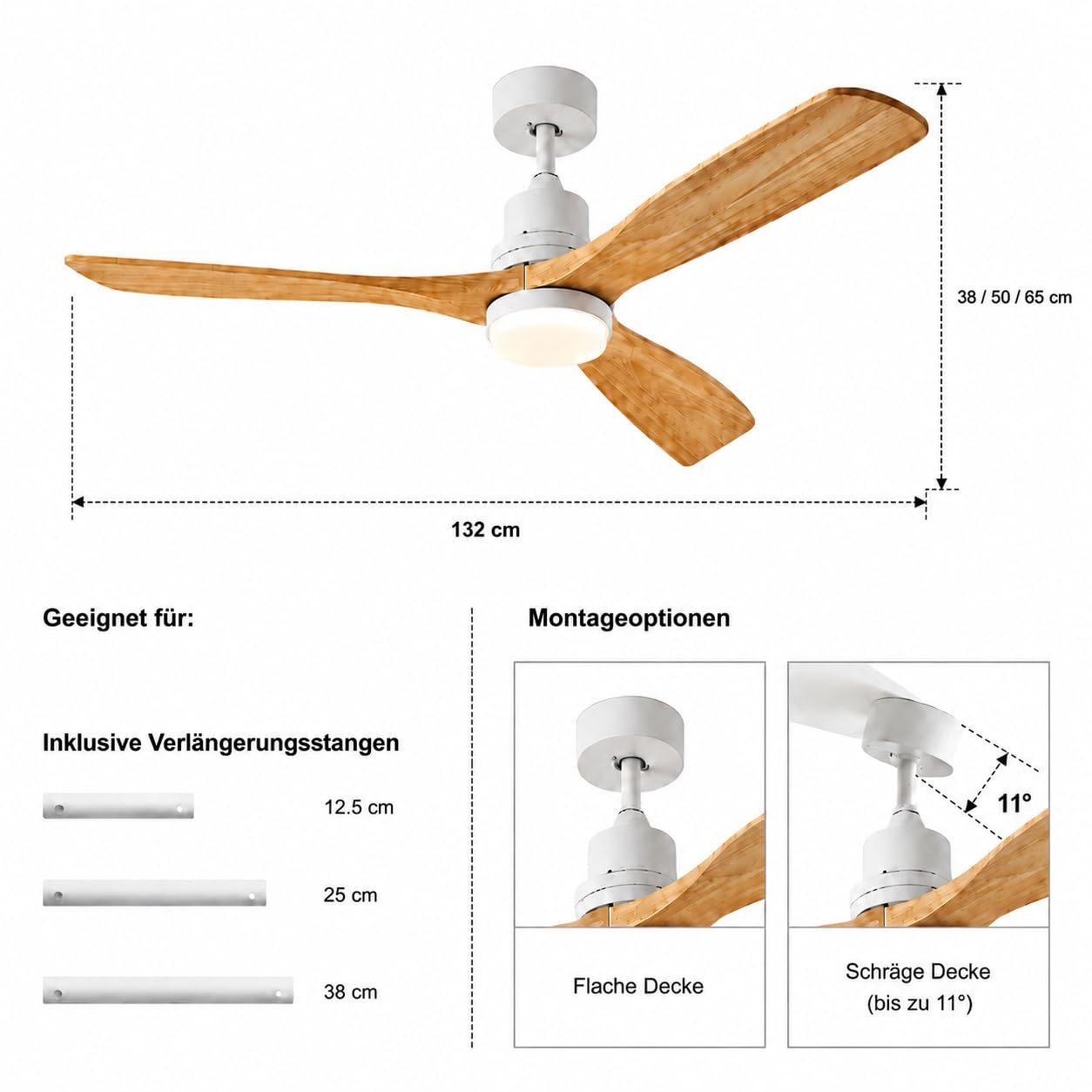 132 CM Deckenventilator mit Beleuchtung und Fernbedienung, Leise DC-Motor, 3 Blätter, 6 Geschwindigkeiten, Timer, 6 Geschwindigkeiten, Sommer Winterbetrieb für Schlafzimmer (Weiß)