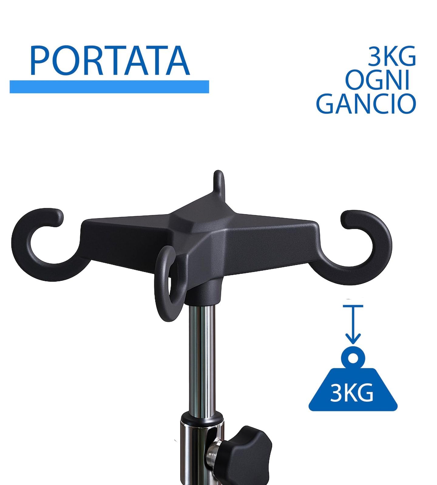 App Life Asta Porta Flebo in Acciaio Inox Dispositivo Medico di Classe I con 4 ganci in plastica e ruote piroettanti con freno