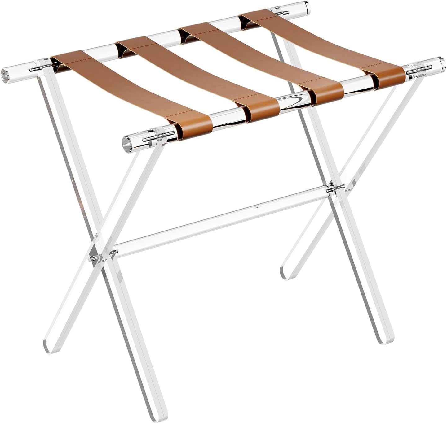 Sumerflos Acrylic Luggage Rack for Guest Room - Foldable Suitcase Stand with Leather Straps for Bedroom Living Room Hotel Heavy-Duty, Holds up to 50-100 lb lightweight Space Saving (Brown & Handle - 1 Pcs)