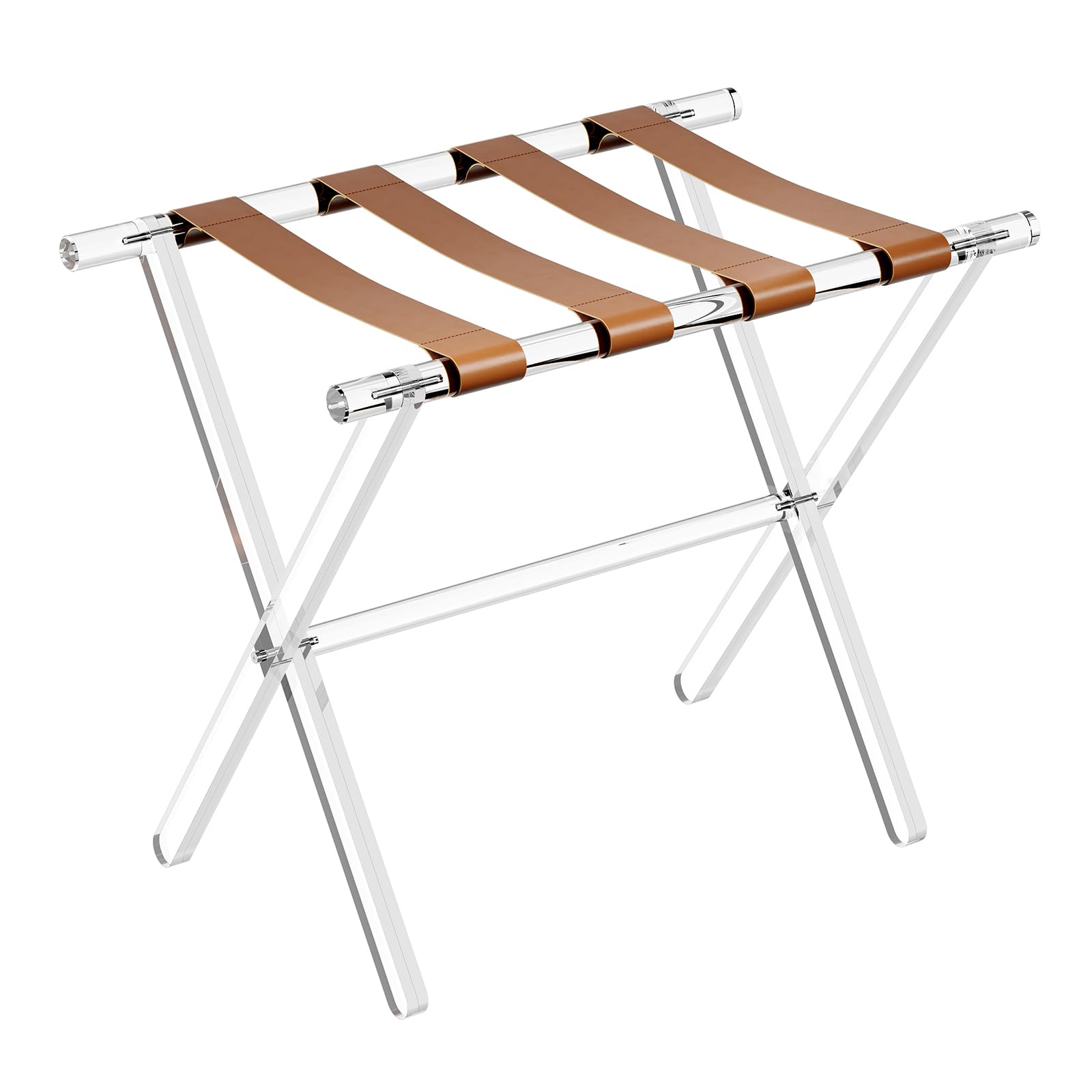 Sumerflos Acrylic Luggage Rack for Guest Room - Foldable Suitcase Stand with Leather Straps for Bedroom Living Room Hotel Heavy-Duty, Holds up to 50-100 lb lightweight Space Saving (Brown & Handle - 1 Pcs)
