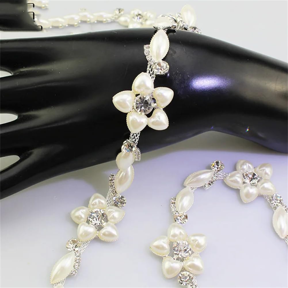 Generic 1/5Yards Pearl Flower Shape Crystal Metal Chain Decoration Rhinestone Trim for Wedding Dress Silver 5 Yards