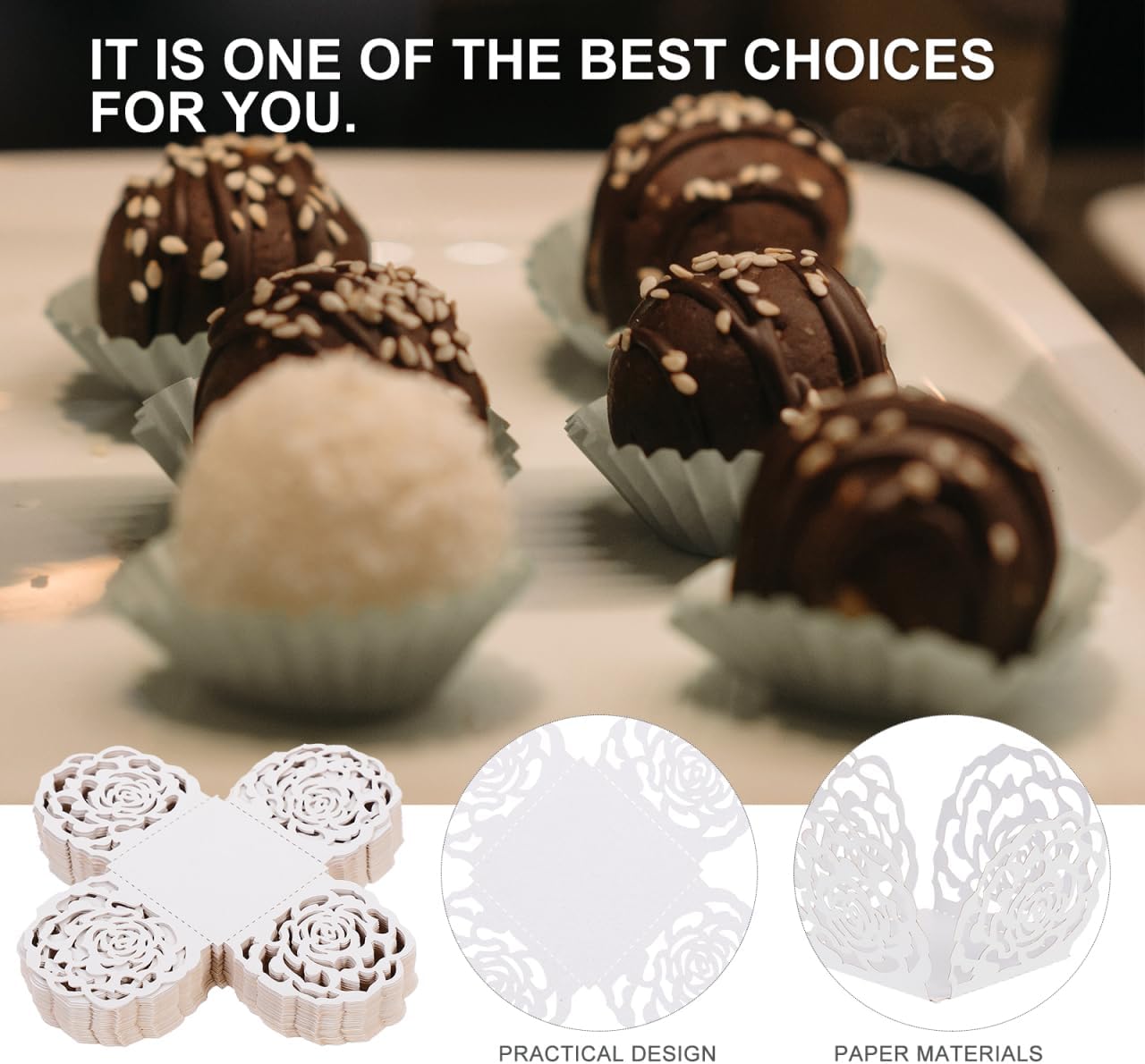 Unomor 50Pcs Hollow-Out Paper Chocolate Truffle Wrappers Rose Edge for Wedding Party Dessert Table Mini Cupcake Liners