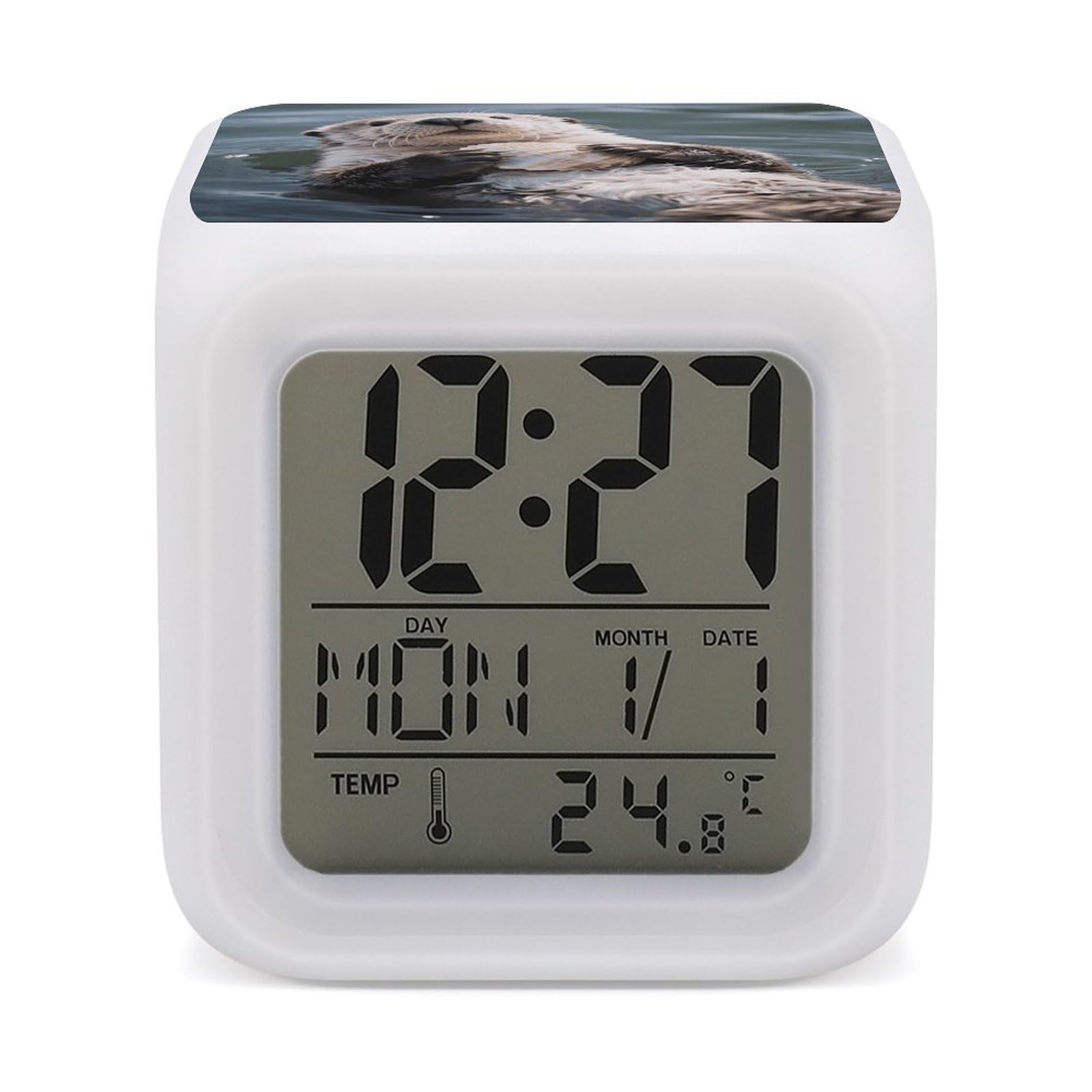 FodPand 7 Color Ambient Night Light Cube Battery Operated Sea Otter Digital Clock with Snooze Temperature LED Digital Alarm Clocks Dimmable Wake Up Light Portable Mood Lamp for Bedroom Desk Gift