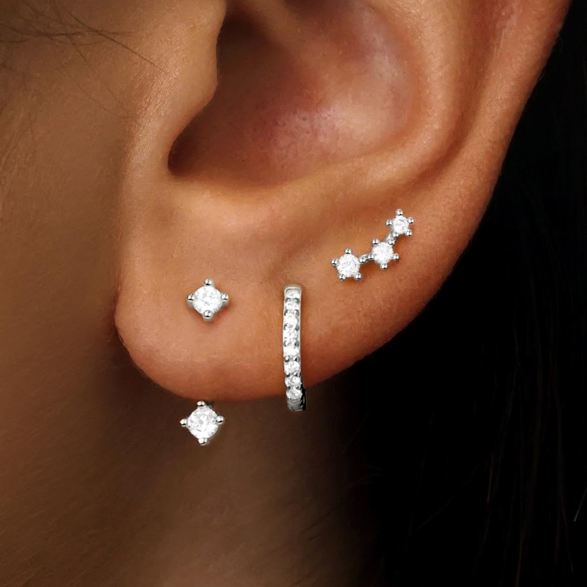 3 Pairs Trendy Small Earrings for Women, Gold Plated Hypoallergenic Stud Huggie Jacket Stack for Cartilage Helix, Dainty Cute Women Fashion Accessories Birthstone Western Jewelry Gifts