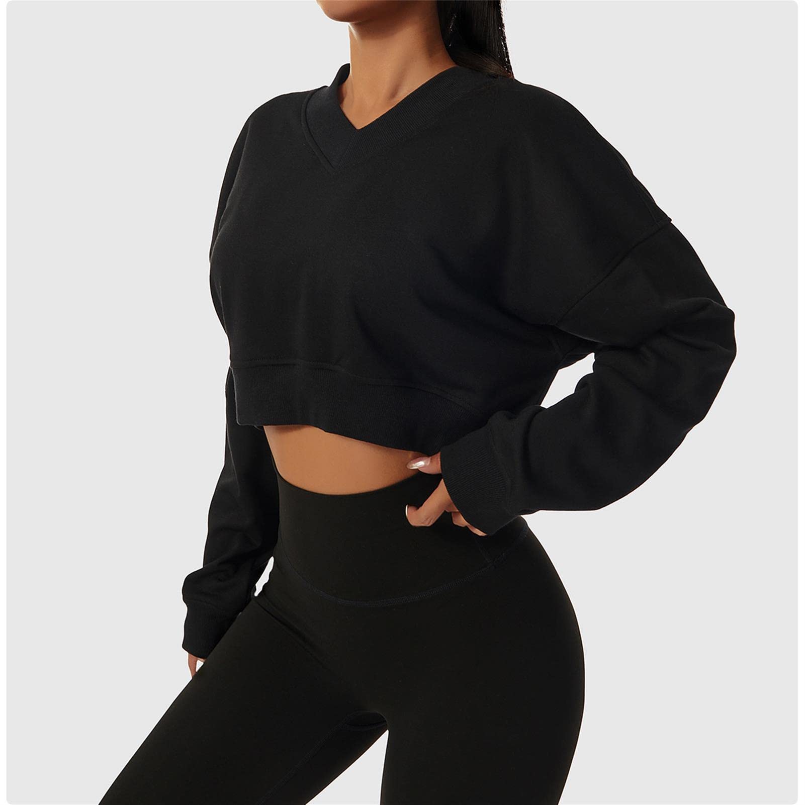 Damska luźna bluza sportowa z długim rękawem dekolt w serek sweter na co dzień topy crop trening gorset kurtka outdoorowa odzież fitness, czarna, 8/S