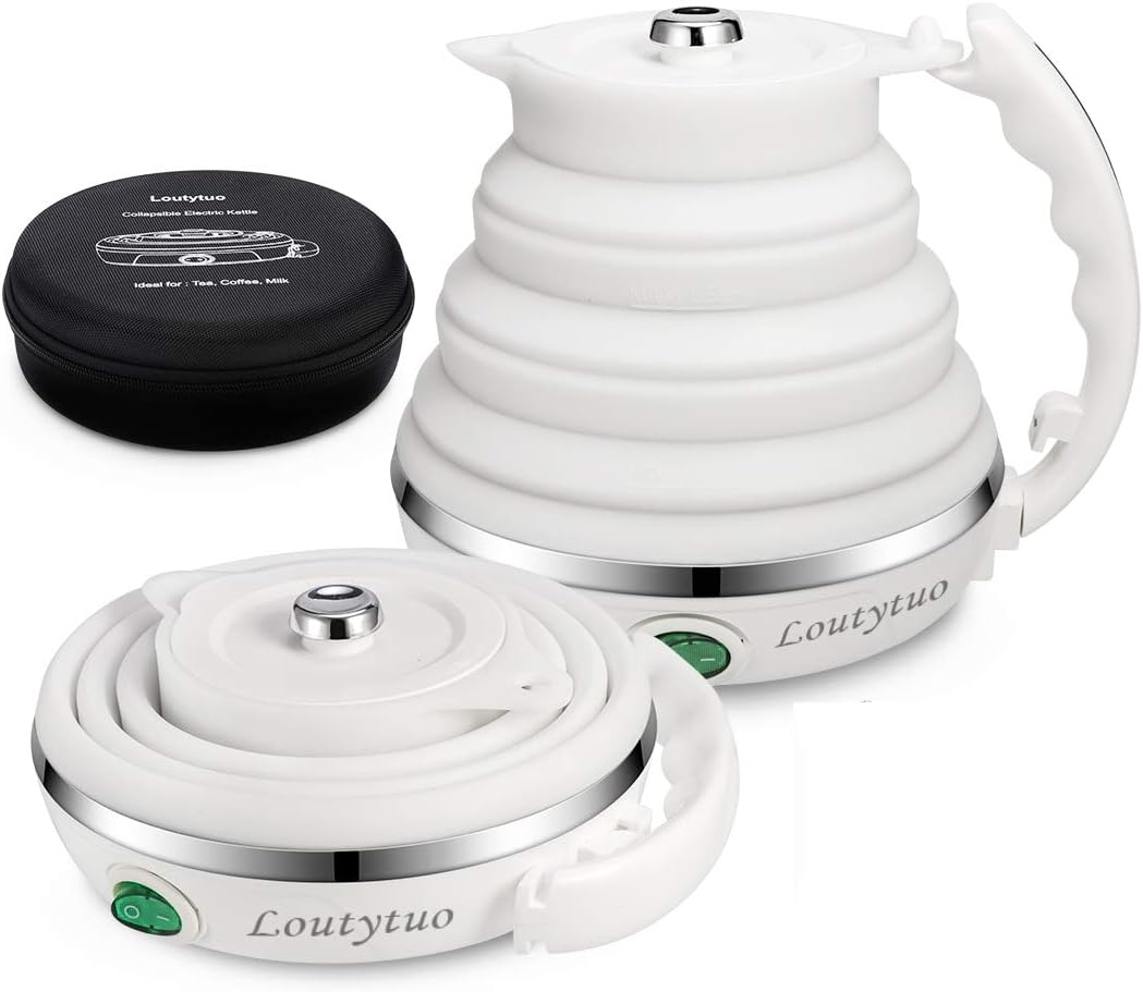 Ultrathin Upgraded Food Grade Silicone Travel Foldable Electric Kettle Boil Dry Protection Portable with Dual Voltage and Separable Power Cord,555ML 110-220V US Plug