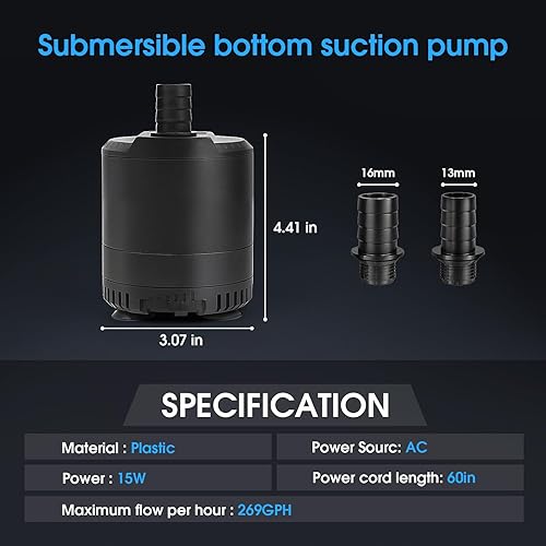 Miniatura 6 de Bomba sumergible para acuario 109-724GPH, bomba de agua para acuario, flujo de agua ajustable, funcionamiento silencioso, 1 boquilla, adecuado para