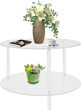 Round Acrylic Coffee Table with Storage, 2-Tier Clear Modern End Table for Small Spaces, 23.6 Inch Transparent Accent Table for Living Room, Apartment, Office Clear