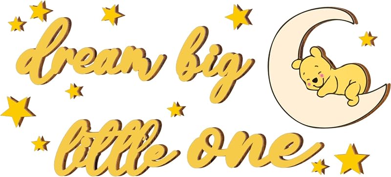 Moon and Stars Nursery Wall Art Decor - 16 Pcs Bear Wooden Words Decor Dream Big Little One Teen Girl Room Decoration - for Baby Boys Girls Room Home Wall Decoration