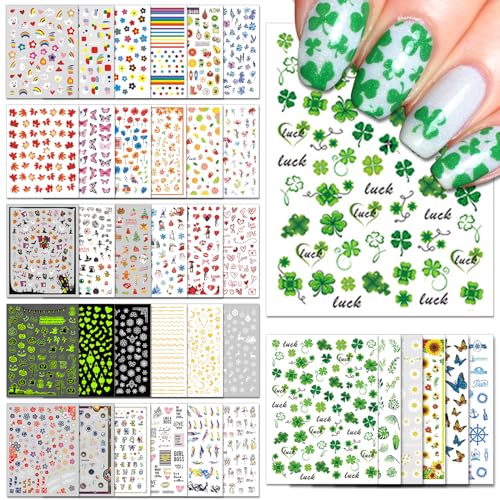 IDDFEVE 36 Sheets Varied Nail Art Stickers, All Holiday Variety Pack Seasonal Nail Decals, Self-Adhesive Pegatinas Uñas Colorful Design for Flowers Butterflies Luminous Star Halloween Christmas