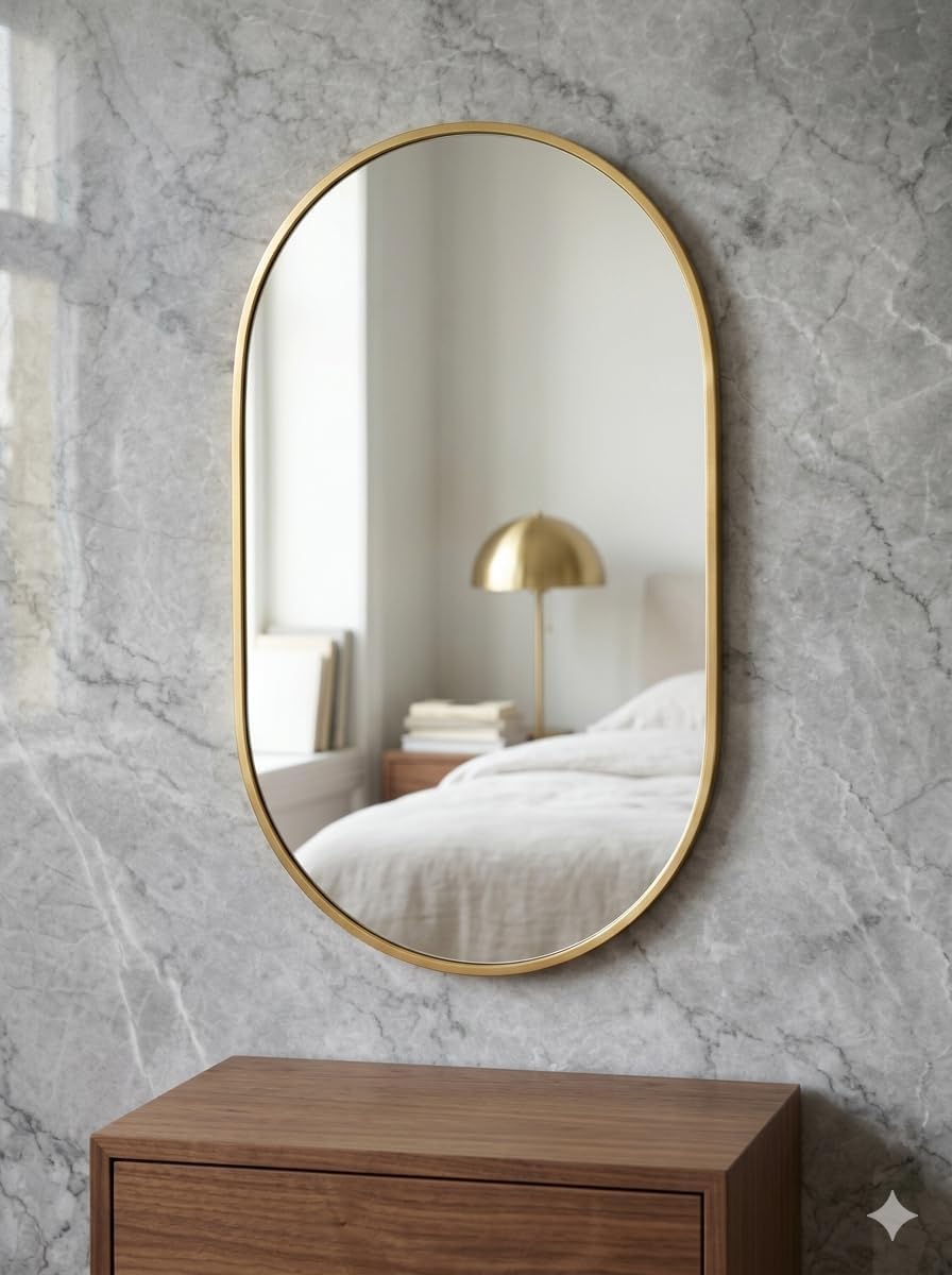 PALUDI Make-Up Bathroom Wall Mirror, Circle Mirror for Wall Mounting, Modern Brushed Metal Golden Frame, Oval Mirror for Wall Decoration, Vanity, Living Room, Bedroom,-image-36
