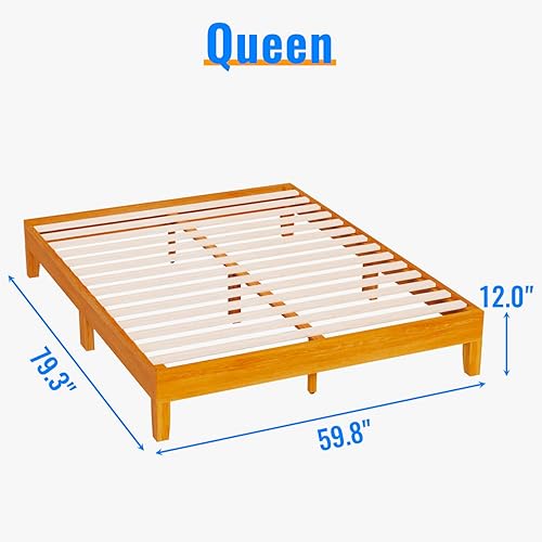 Miniatura 2 de PayLessHere Marco de cama de plataforma de madera, sin cabecero, no necesita somier, soporte de listones de madera, sin ruido, fácil de montar,