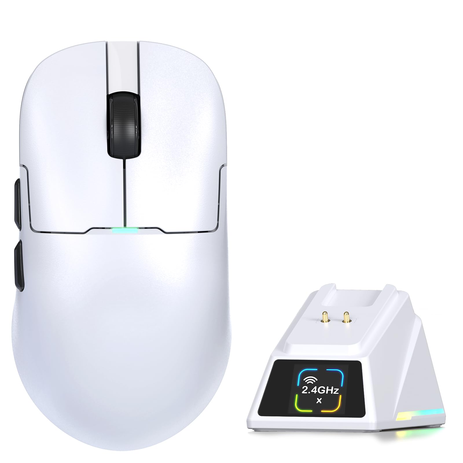 AJAZZ AJ159P Ratón Gaming Inalámbrico Superligero con Base Carga RGB-Blanco | Tri-modo BT/2.4G/USB, Sensor Óptico PixArt PAW3311 de 24000 DPI, Programable Computer Mice, for Office/PC/Mac/Win11