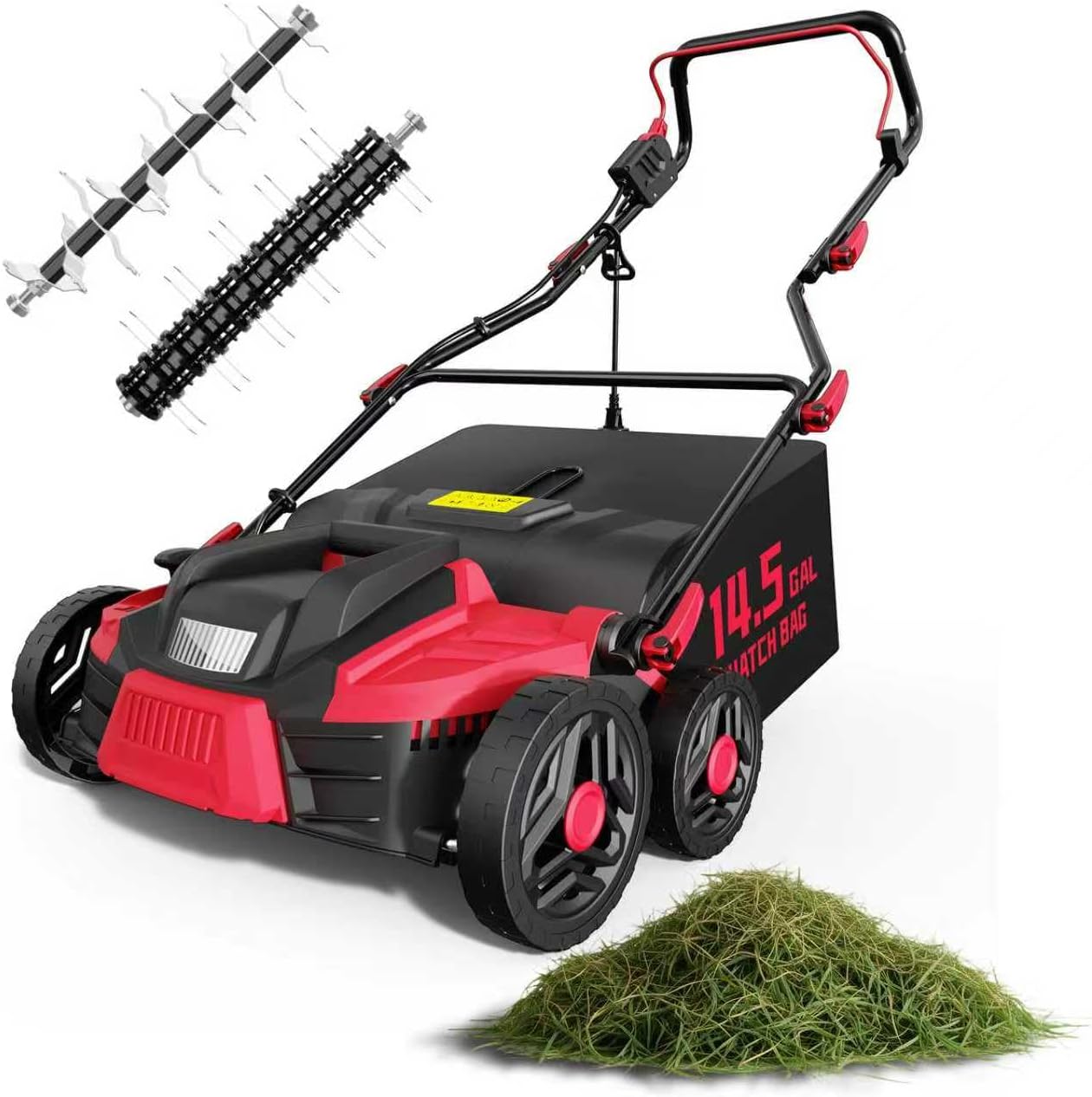 15.5 Amp 16-Inch Electric Dethatcher and Scarifier, Lawn Dethatcher with Foldable Design, 14.5-Gallon Bag, 5-Position Depth Adjustment, Quick Blade Change, Ideal for Healthy Lawn Care - Red