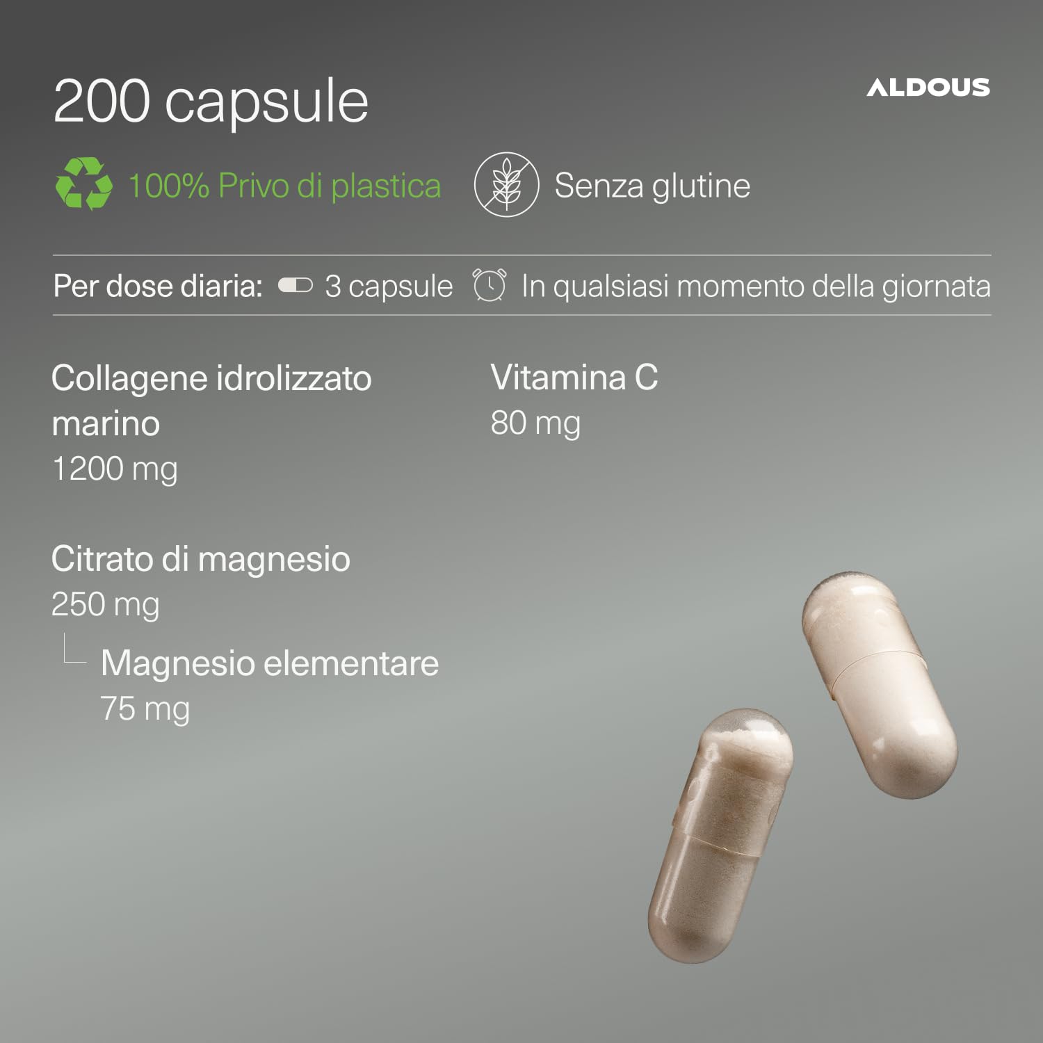 Collagene Marino con Magnesio e Vitamina C - 200 Capsule - Integratore Collagene Bellezza e Benessere - Pelle, Capelli e Unghie - Anti Age - Ossa, Articolazioni - Marine Collagen Naticol - ALDOUS
