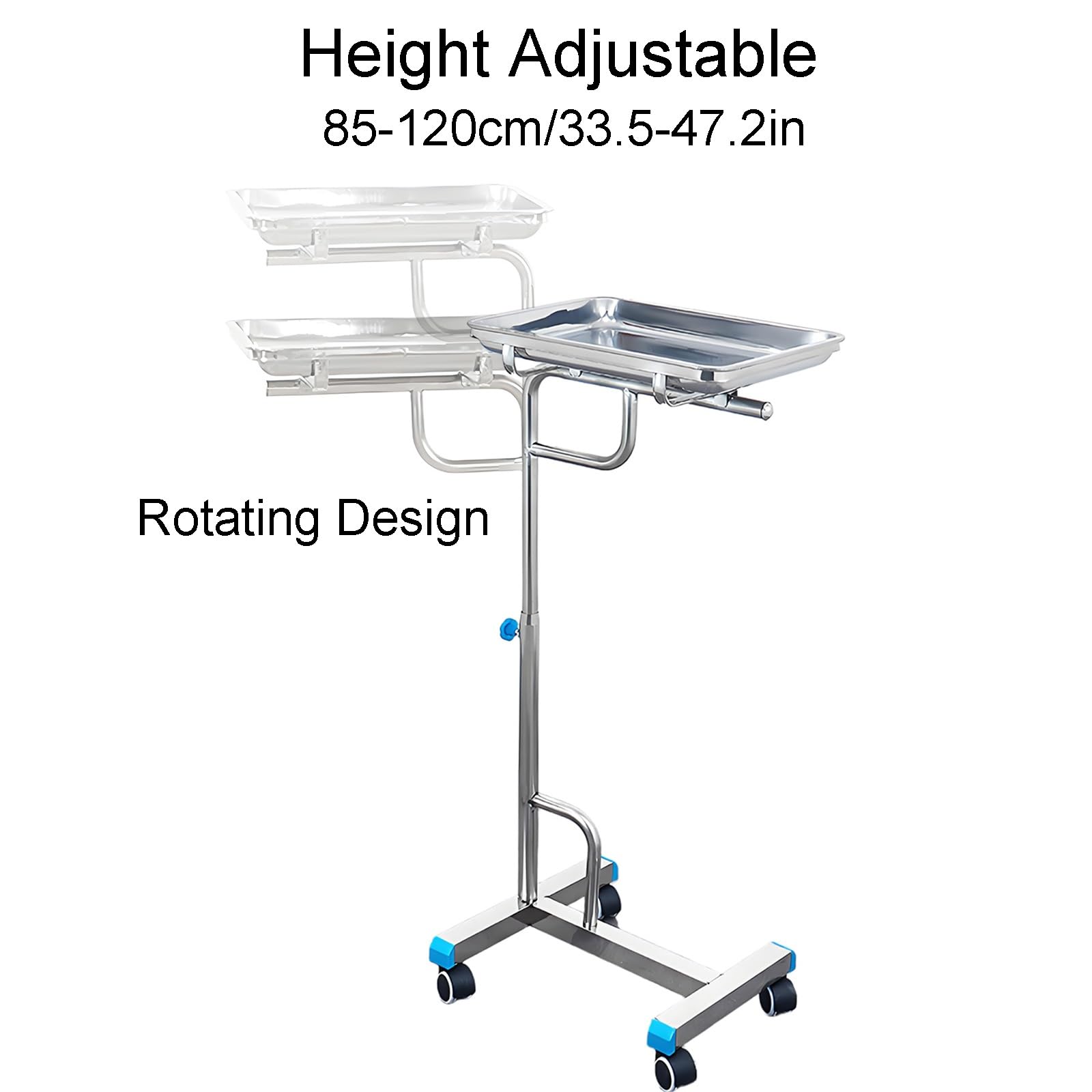 Carro de Bandeja Móvil de Acero Inoxidable Mayo, Altura Ajustable de 85 a 120 cm, para Laboratorio, Clínica, Salón de Belleza(60x40x(85-120) cm)