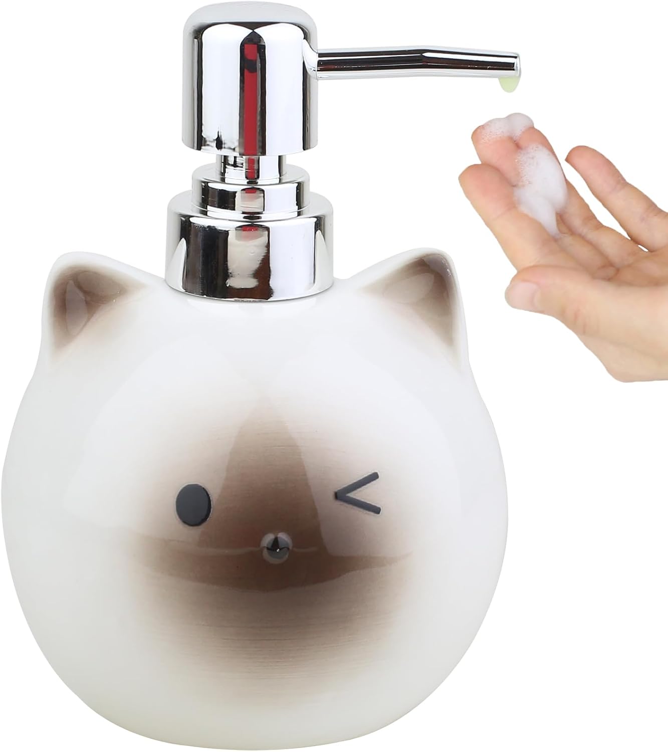 Ceramic Cat Soap Dispenser, 480ml Lotion/Shower Gel Bottle with Metal Pump, Cute Cartoon Animal Hand Sanitizer Bottle, Suitable for Bathroom, Kitchen or Home Decor (White)