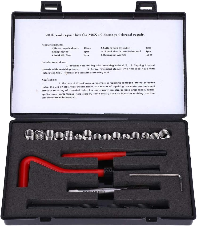 20 Pcs Thread Repair Kit M8x1, Stainless Steel Rethreading Tap Set, Female Thread Repairing Insert Sleeve with Spiral Drill, Screw Tap, Wrench, for Auto Parts, Injection Machine