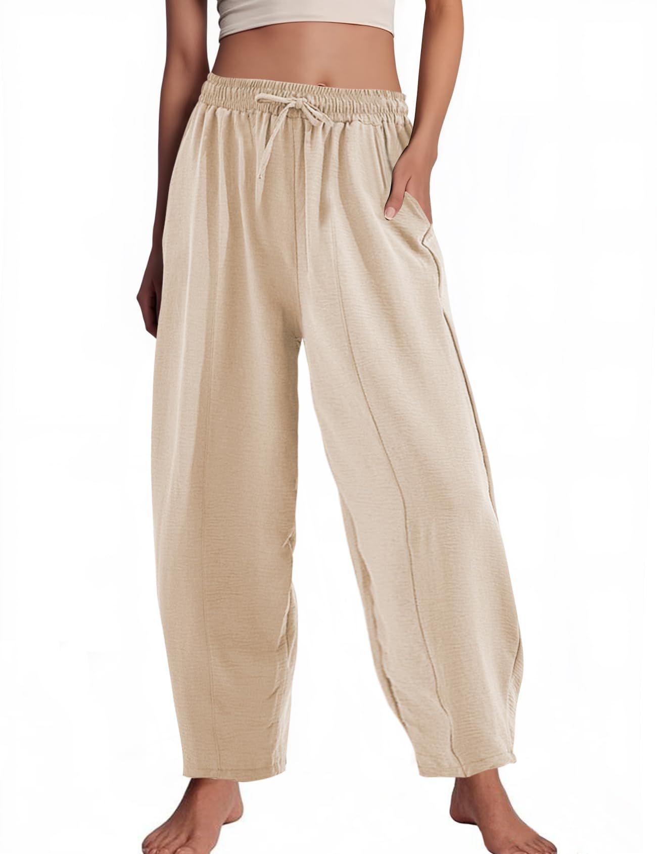 Flygo Womens Wide Leg Baggy Pants Casual Elastic High Waisted Palazzo Harem Slacks Ankle Length Loose Trousers with