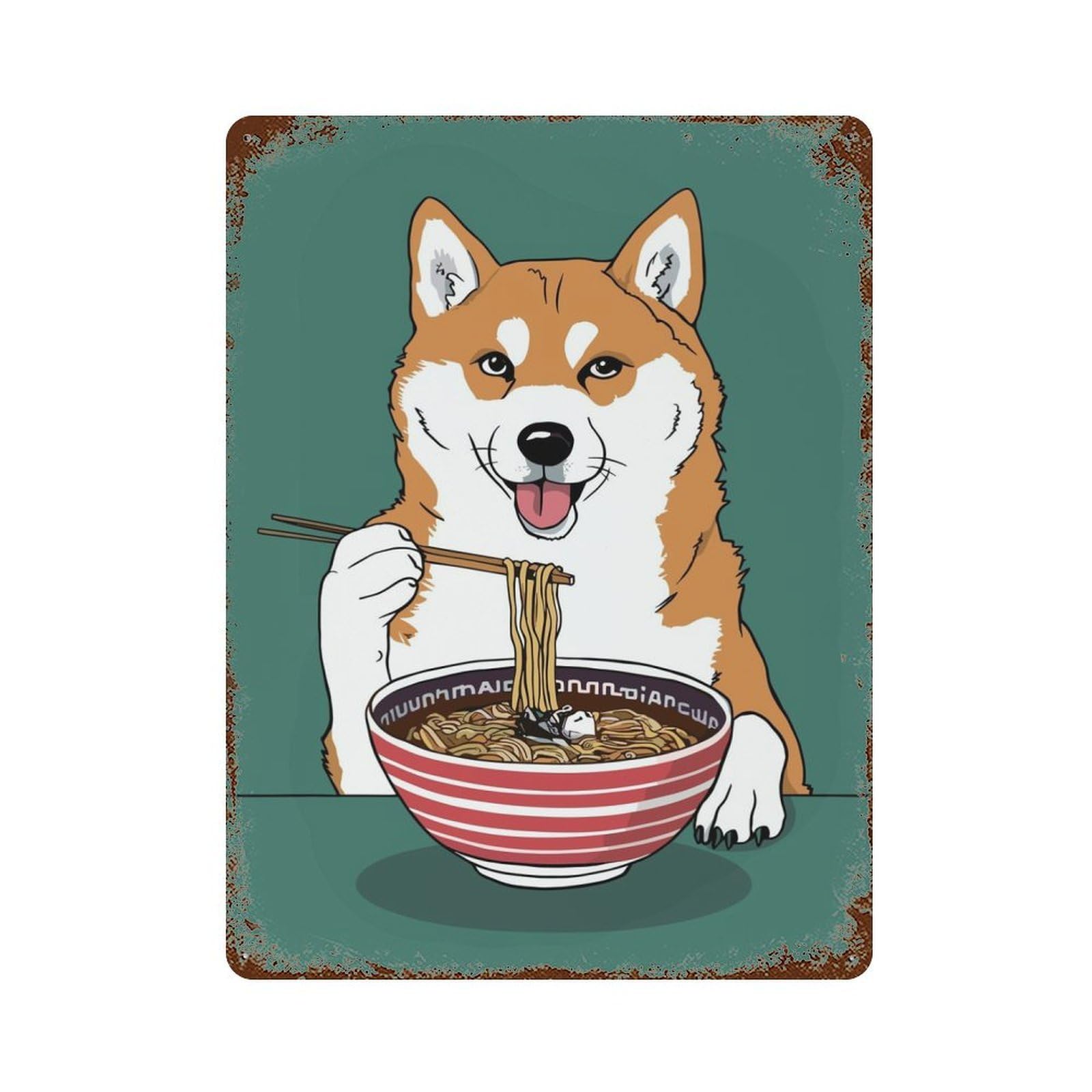 Aged Metal Wall Plaque with Ramen Shiba Inu Dog Design 15.7"x11.8", for Farmhouse, Kitchen And Entryway Decor, Old School Wall Decor