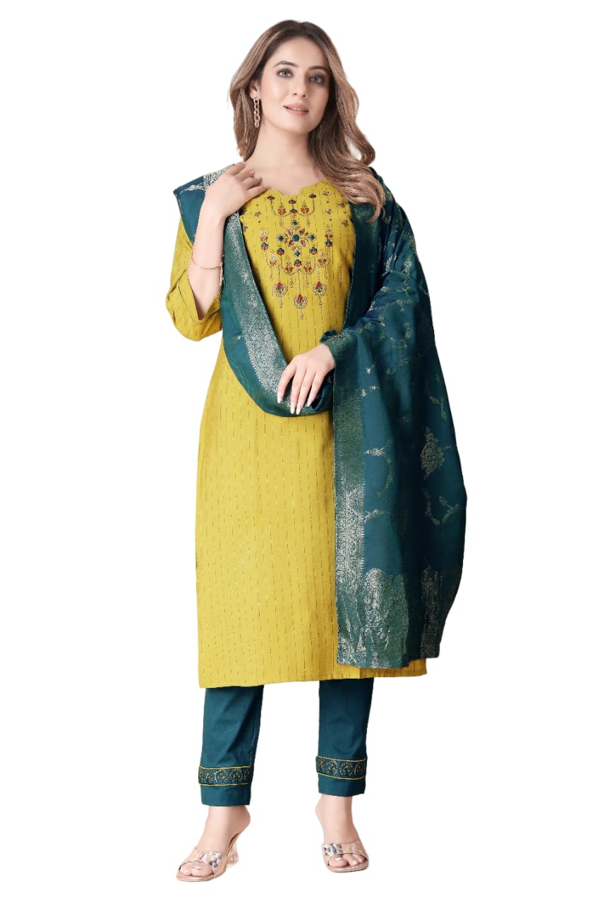 Women Lemon Viscose Chanderi Designer Embroidery Work Kurta Set With Dupatta