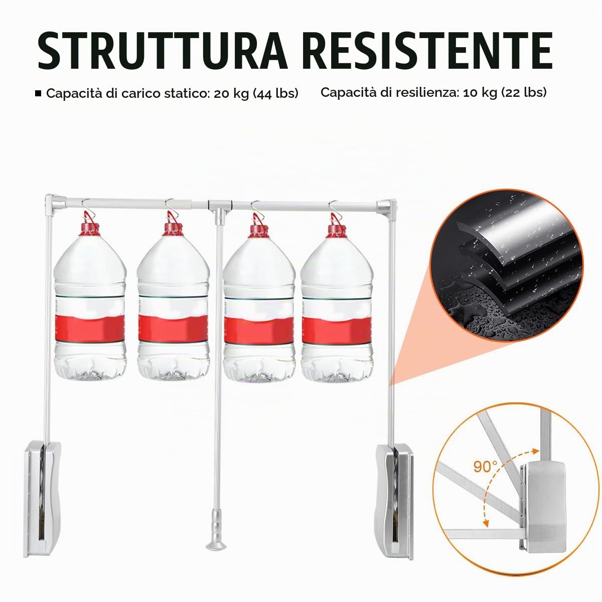 Appendiabiti Saliscendi per Armadio, Appendiabiti Estraibile Regolabile da 839 a 1210 mm per Guardaroba, Meccanismo Barra Appendiabito con Apertura e Chiusura Assistita, Portata 20 kg