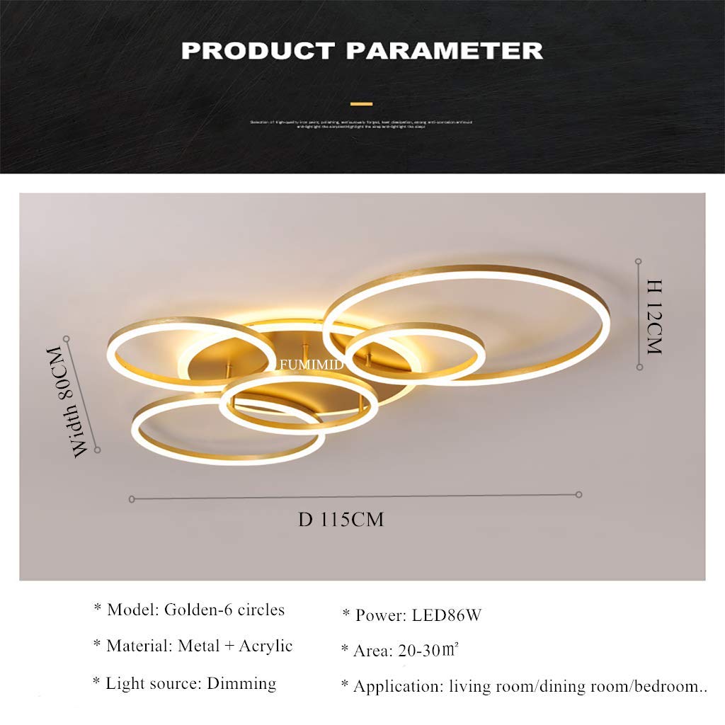 Lampa sufitowa LED, nowoczesna lampa wisząca, kreatywny żyrandol z pilotem zdalnego sterowania, ściemniana, okrągła, 6 kół, 86 W, aluminium, akryl, do sypialni, złota