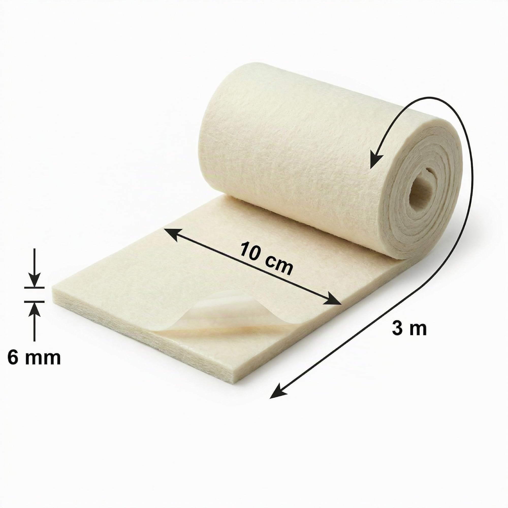 KMINA Fieltro Adhesivo Podología 6 mm, Recortable para Pies, 3 m x 10 cm | Rollo semirrígido de lana y viscosa rayón, superficie suave al tacto, cubre prominencias óseas y zonas sensibles