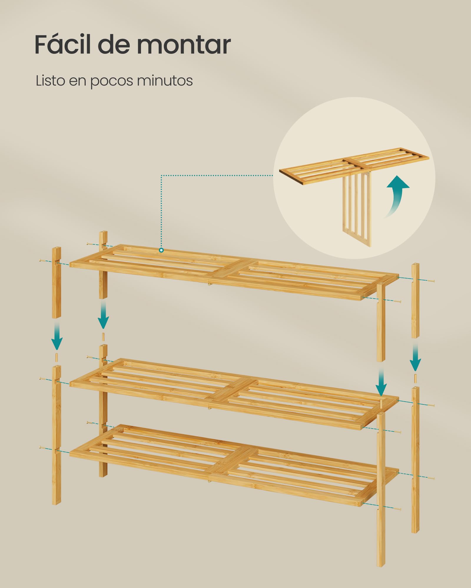SONGMICS Zapatero de Bambú, 3 Niveles, Apilable, Estrecho, Estantería para Entrada, Salón, Dormitorio, Garaje, para 12-16 Pares de Zapatos, 25 x 70 x 51,5 cm, Natural LBS053YL01 — view 7