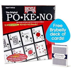 Bicycle Po-Ke-No (Pokeno) Card Game Set | 12 Player Cards, Playing Board, Chips 200 Po-Ke-No, 2 Bicycle Decks of Playing Cards Red and Blue, with an Extra Deck of Brybelly Playing Cards, Red