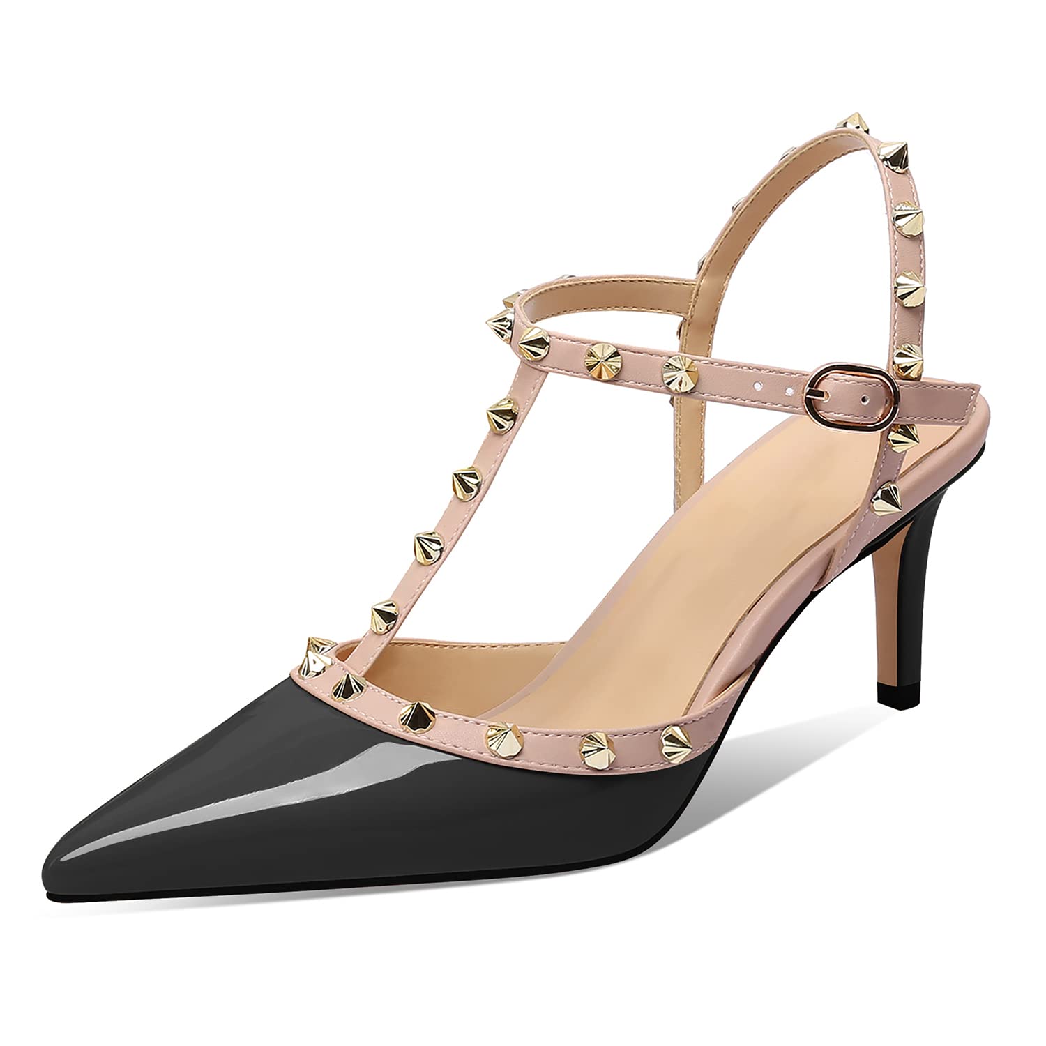 XINIUNIU Studded Heels for Women Kitten Heels with Studs Stiletto Sandals with Rivet Ankle Strap Patent Leather Pointy Toe 2.5 Inch Party Daily Wear