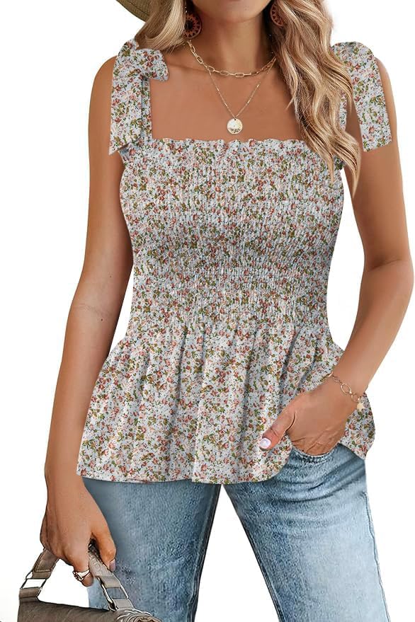 Micoson Ruffle Tank Tops for Women Summer Square Neck Sleeveless Tops Tie Shoulder Chiffon Blouse Babydoll Shirts