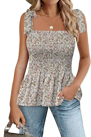 Micoson Ruffle Tank Tops for Women Summer Square Neck Sleeveless Tops Tie Shoulder Chiffon Blouse Babydoll Shirts