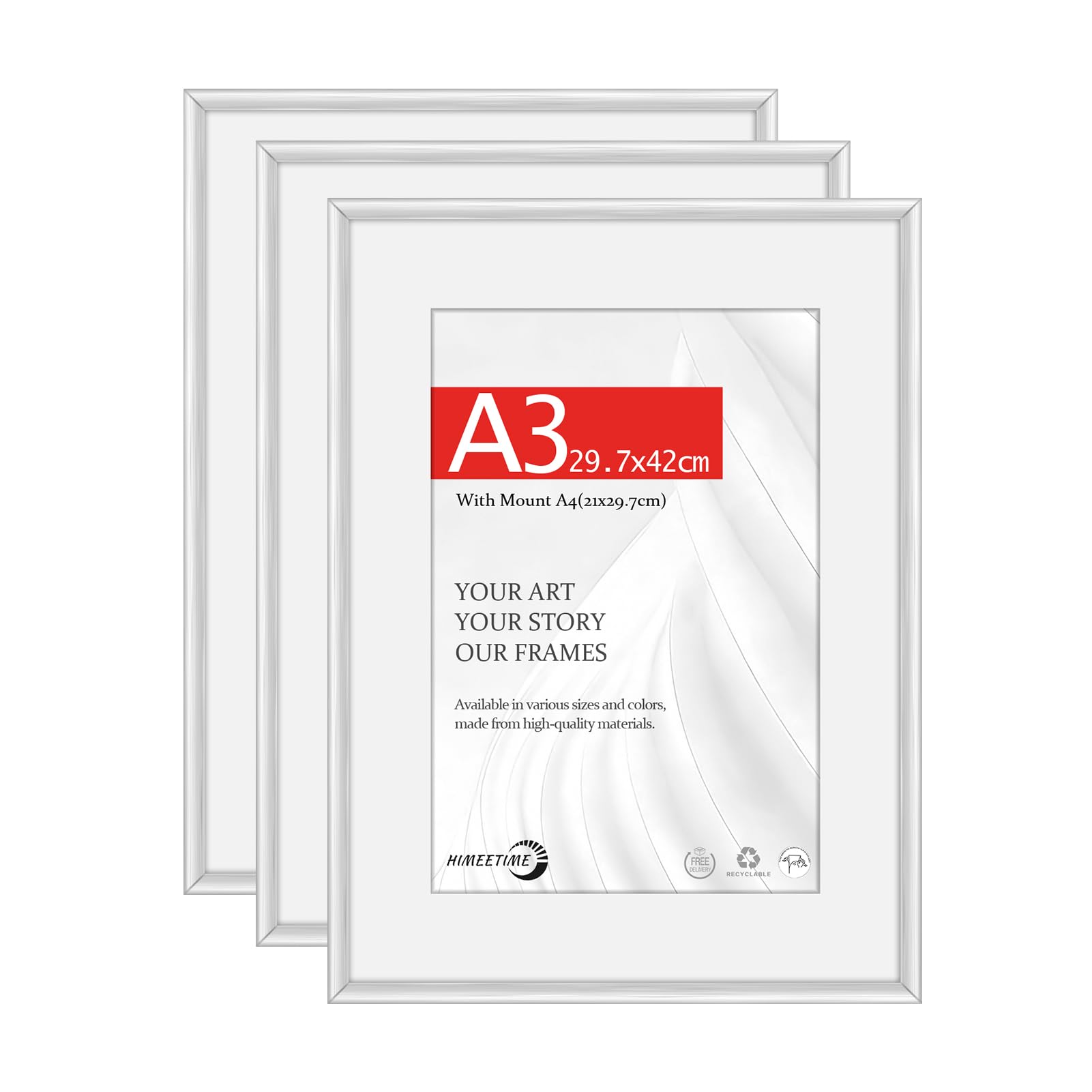 HIMEETIME® 3x A3 29.7x42cm Picture Frames | Silver Matte Aluminum Metal | 30x42cm Certificate Frame with Shatterproof Acrylic Glass | Portrait & Landscape Wall Mount | Slim Professional Profile