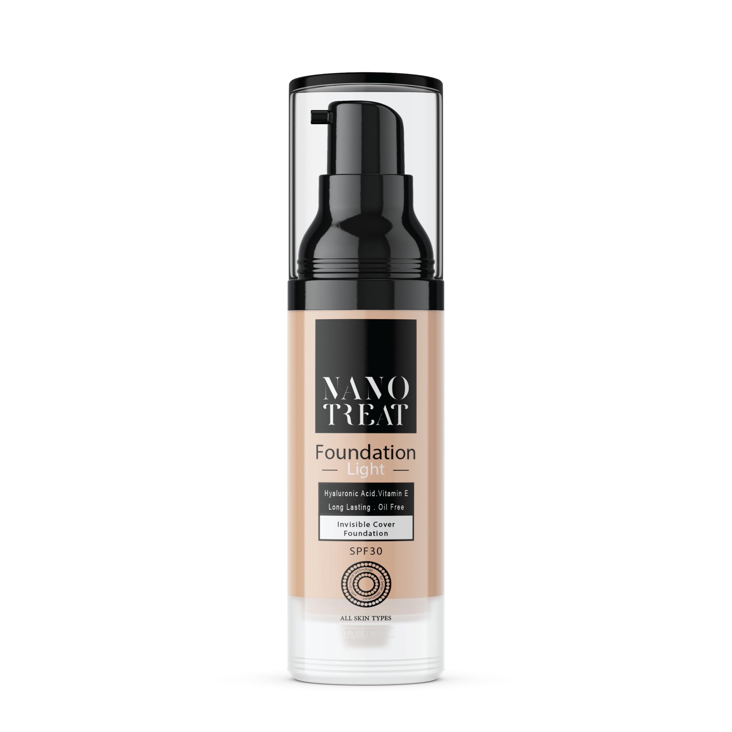 NANO TREATFoundation SPF 30 with Brightening Vitamin C & E, Niacinamide & Hyaluronic Acid - Waterproof - Long Lasting - Light Color -30ml